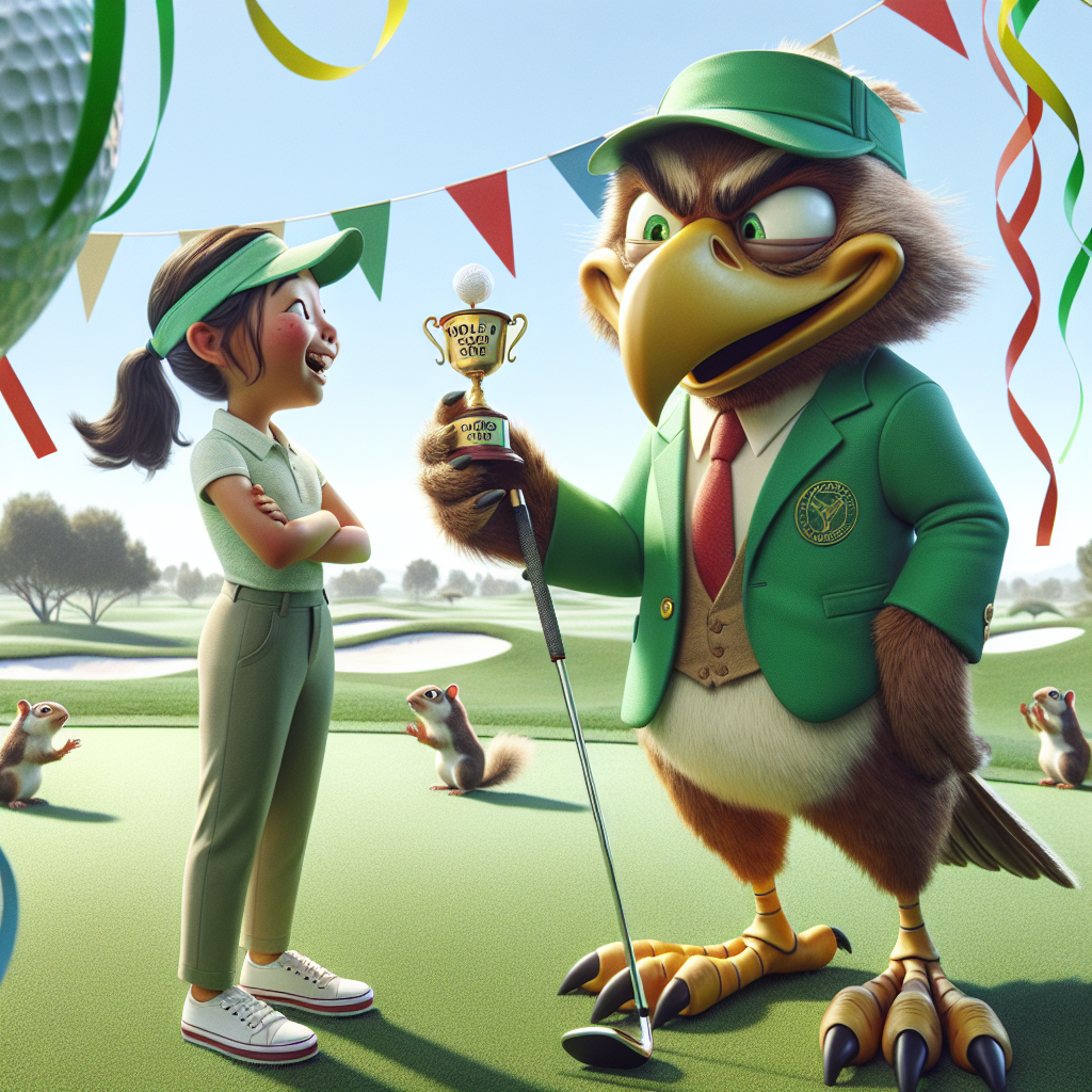 A comically stern bird character named Chief Feathers adorns a crisp green blazer, standing on a pristine golf course under the clear sky. The bird's eyes twinkle with mischief as he is seen in conversation with a young girl who is of South Asian descent. This young girl is a golf prodigy and is casually accepting a trophy topped with a miniature golf ball bearing the words 'World's Best Swing'. Streamers add colour to the scene while amusing ground squirrels pop up from their holes, adding to the festivity. The girl lightly laughs at the bird's exaggerated golf stance.
Generated with these themes: Captain, Golf, Green blazer, and Step dad.
Made with ❤️ by AI.
