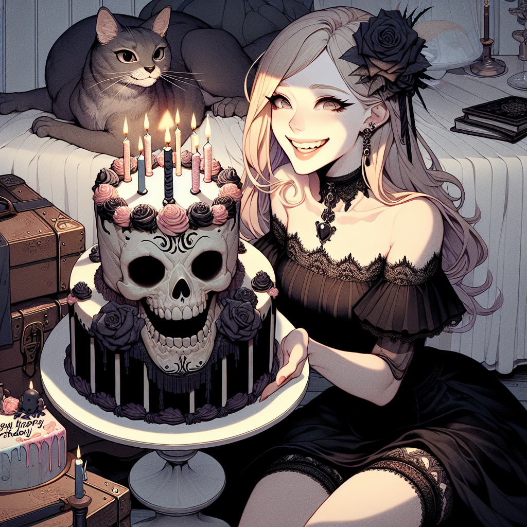 Pretty blonde gothic girl with a skull birthday cake and a grey cat Birthday Card