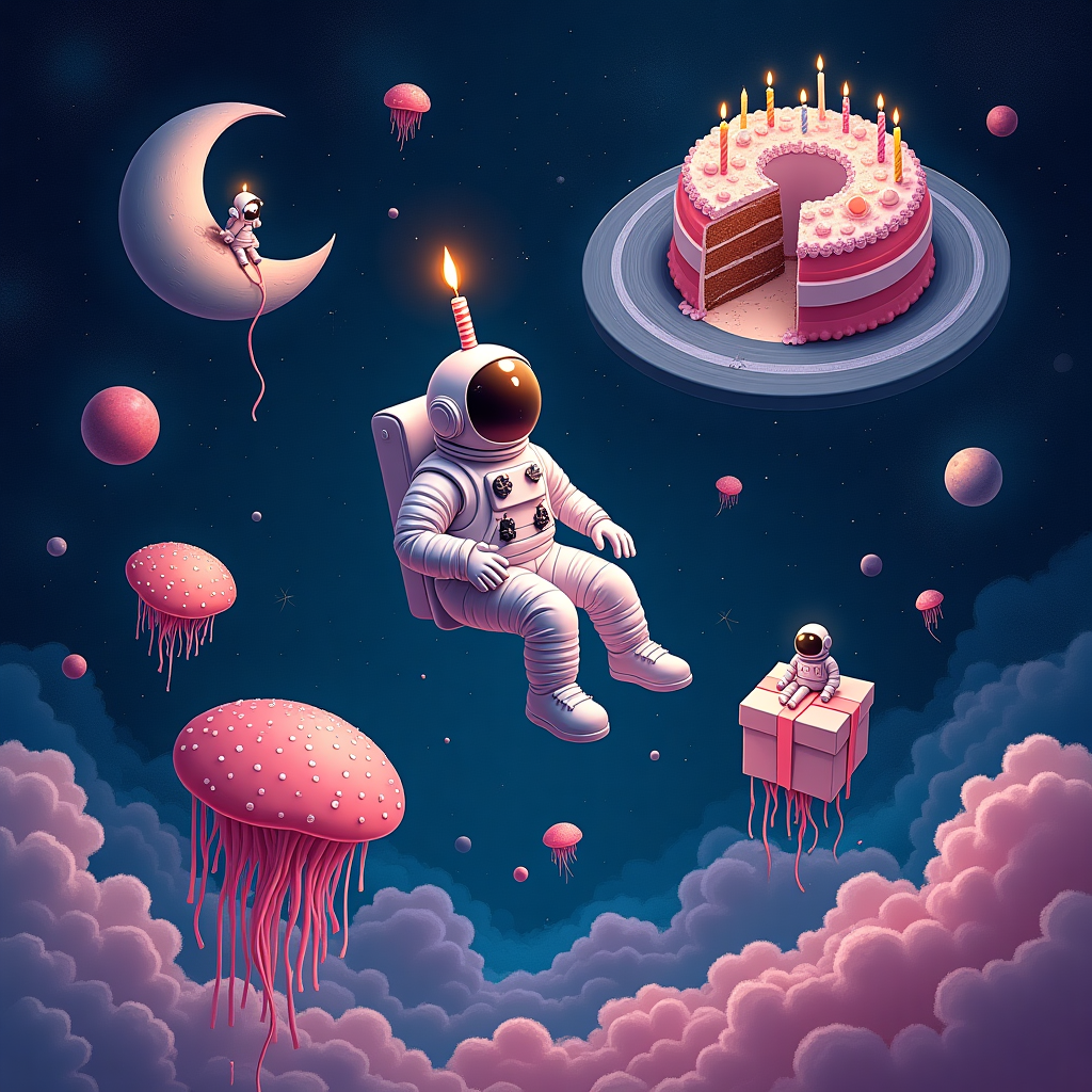 **Image Prompt:**  
A surreal, abstract dreamscape in deep cosmic hues of indigo, magenta, and shimmering silver. Floating in a star-streaked galaxy, an astronaut with a glowing birthday candle instead of a helmet drifts gently among jellyfish-shaped planets and floating slices of birthday cake orbiting Saturn-like rings. Behind them, a crescent moon opens like a gift box, revealing tiny galaxies wrapped in ribbons. Bubbles rise upward, each containing dancing miniature versions of the astronaut celebrating in slow-motion zero gravity. A clock made of icing melts over a nearby asteroid, marking a timeless moment of cosmic celebration. The scene pulses with a surreal energy, blending wonder, mystery, and birthday magic among the stars.
Generated with these themes: Space astronaut .
Made with ❤️ by AI.