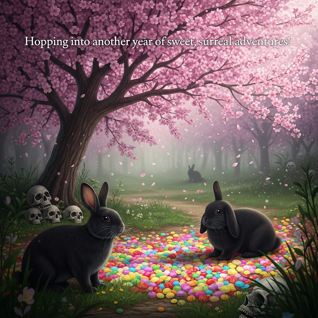 ### Image Prompt

A dreamlike scene unfolds beneath the boughs of a cherry tree in full bloom, its blossoms cascading like pink whispers upon the ethereal landscape. In the foreground, a black rabbit with a delicate white nose curiously gazes into the distance, while nearby, a black lop-eared rabbit nestles amid a scattering of vibrant, colorful sweeties that form an intricate mosaic on the ground. Gothic undertones thread through the image, as skulls peek playfully from the underbrush, their hollow eyes seemingly enchanted by the surreal whimsy of the scene. Ethereal light casts long shadows and imparts a romantic glow, transforming the bizarre into beauty. Above it all, a soft, dreamy caption floats: "Hopping into another year of sweet, surreal adventures!"
Generated with these themes: Cherry tree, Black rabbit with white nose , Black lop rabbit, Sweeties, Gothic , Skulls, and .
Made with ❤️ by AI.