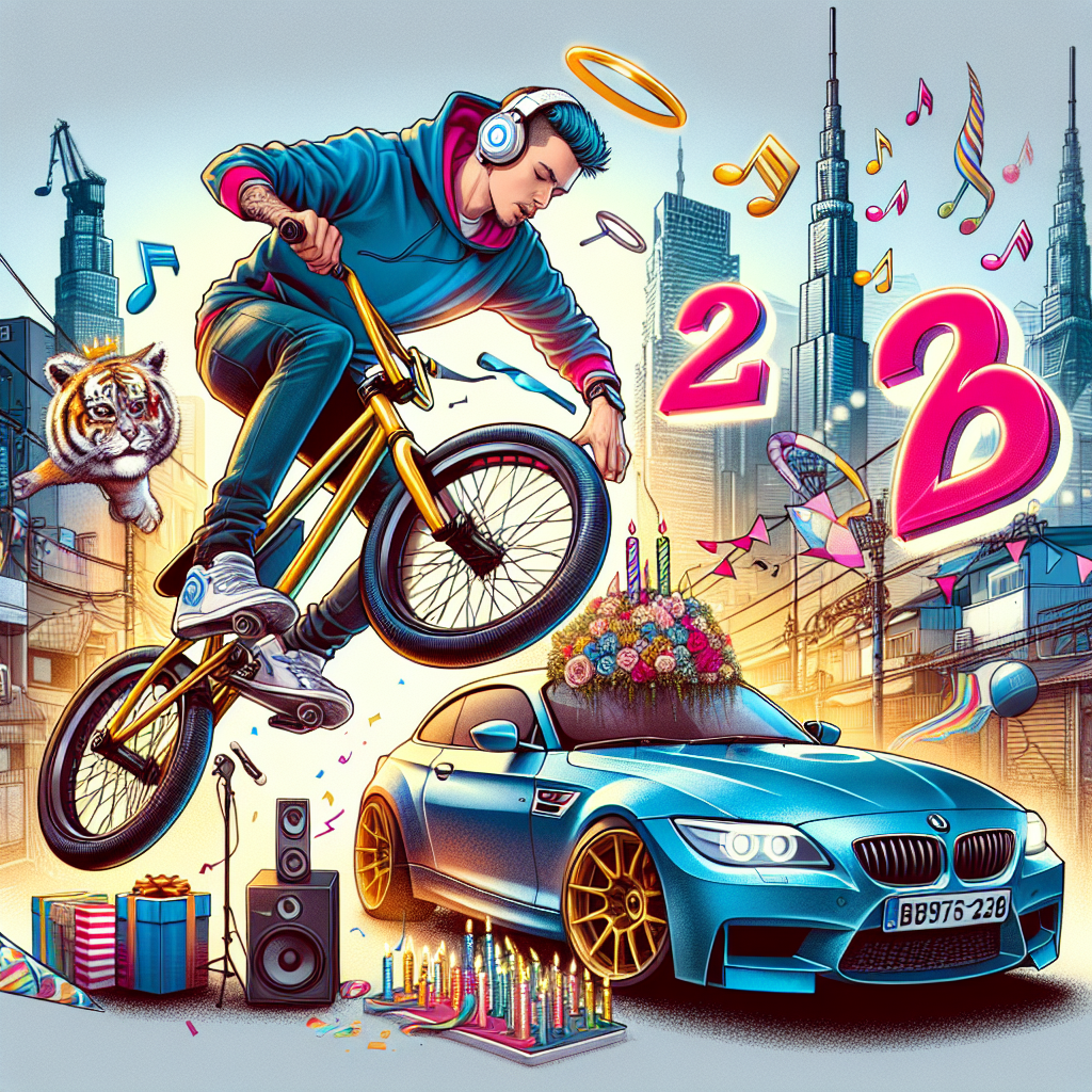 Create a birthday-themed illustration featuring a vibrant BMX rider of Hispanic descent executing daring tricks in the foreground of an animated cityscape in Japan. Add musical notes floating in the air, signifying energy from a captivating drum and bass track. Include a stylish car of the same design as a BMW Z3, adorned with birthday decorations, parked close by. Incorporate the number '26' into the BMX visuals, celebrating this occasion with a unique blend of action and music.
Generated with these themes: Japan, Bmx, Chase and status, Dnb, Bmw z3, Bmx, and 26.
Made with ❤️ by AI.