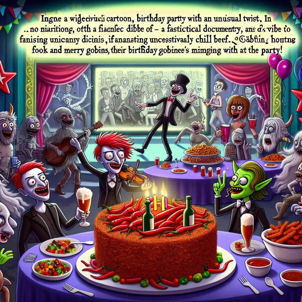 Imagine a whimsical cartoon birthday party with an unusual twist. The vivacious vibe of rock music combines intriguingly with the narrative of a fascinating uncanny documentary depicted on a fantastical theater screen within the scene. An array of cartoon characters of different descents, both male and female, engage in conversations and dance around, their faces showcasing dramatic makeup. They are seen enjoying plates full of irresistibly crispy chili beef. The scene incorporates supernatural elements, with amicable ghosts of varying descents and merry goblins mingling at the party. The centerpiece of the scene is a grand birthday cake, crowned with a wine bottle topper, signifying the birthday person's favorite drink.
Generated with these themes: Rock music, Serial killer documentary , Crispy chilli beef, Make up , Supernatural , and Wine .
Made with ❤️ by AI.