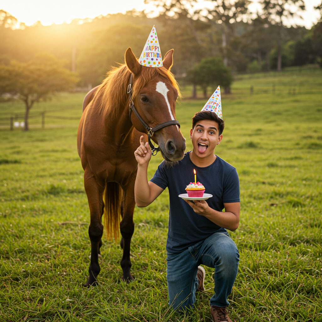 At the top of the Photorealistic picture taken from a camera image, **Nilo aka Brazil 🇧🇷**

**Image Prompt:** Capture a heartwarming scene where a charming horse and a cheerful man are celebrating a birthday in a lush, green meadow. The horse, wearing a colorful party hat, nuzzles the man affectionately. The man, dressed casually with a playful expression, holds a small, decorated cupcake with a single lit candle. The sun casts a warm, golden glow over the scene, highlighting the vibrant hues of the meadow and creating a dreamy atmosphere. The photograph should convey a sense of joy and connection, perfect for a cute and memorable birthday greeting.
Generated with these themes: Smile, it's your birthday., Horse., and .
Made with ❤️ by AI.
