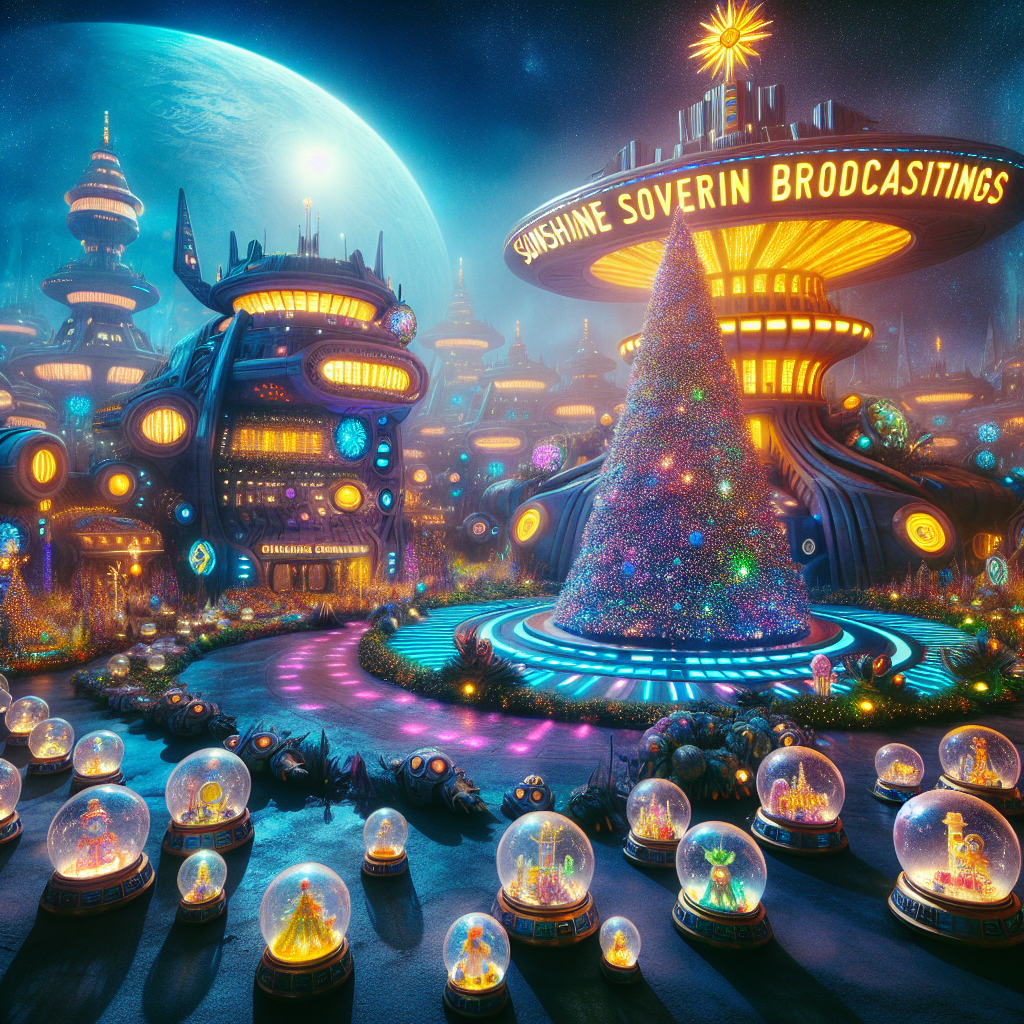 The scene is set in an otherworldly Christmas celebration, with 'King of Sunshine Productions' emblazoned atop a whimsical building in Media City, Manchester. An oversized, eldritch Christmas tree, glowing with ethereal light, anchors the festive environment where a Christmas party is in full swing. Small snow globes scattered around contain tiny gifts, and otherworldly decorations span the area, adding to the surreal quality of the illustration.
Generated with these themes: King of Sunshine Productions, Christmas tree, Manchester , Media city, Christmas party , Small snow globes with presents in , and Decorations .
Made with ❤️ by AI.