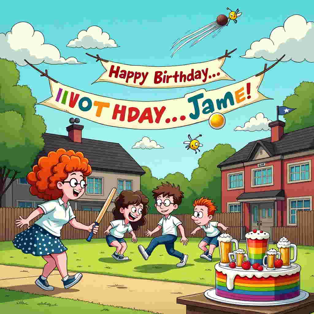 In the lively world of a bustling school playground, imagine a quirky and playful scene where a group of cartoon characters have come together for Jane's birthday celebration. At the heart of the scene, a female teacher with curly hair, wearing glasses and a whimsical polka-dot dress, is the energetic umpire of a friendly cricket match. The students are a mix of animated characters, each with exaggerated expressions of concentration and joy as they play. One student, a mischievous-looking boy with a shock of red hair, is poised to bowl, while another, wearing oversized cricket gloves, is ready to catch. 

Behind them, there's a colorful school building with a large banner stretched across it that reads "Happy Birthday, Jane!" in vibrant, bouncy letters reminiscent of a carnival sign. Nearby, a cheerfully chaotic picnic table is set up, laden with an assortment of cider bottles and frothy mugs of beer that comically overflow, hinting at an after-match celebration. These drinks have cartoon faces, complete with winking eyes and cheeky grins, engaged in a bubbly toast with each other.

In the sky above, fluffy clouds have been artfully arranged to spell out "Jane" with a few strategically placed birds adding punctuation to the sky's message. A cricket ball, hit high into the air, leaves a trail that arcs across the scene, almost touching the cloud letters. To the side, a birthday cake stands triumphantly, with vibrant rainbow layers exposed, and a tiny figurine of Jane herself as a proud cake topper, complete with a cricket bat and a teacher's mortarboard hat. The whole scene exudes the whimsical style inspired by artists like Charles Schulz and Bill Watterson, full of delightful chaos and cheerful absurdity.
Generated with these themes: Female Teacher, Teacher, School, Cricket, and Beer Cider.
Made with ❤️ by AI.