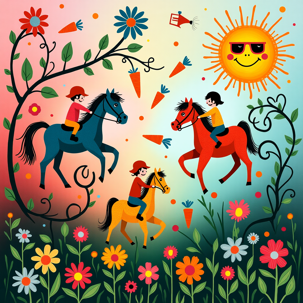 **Image Prompt:**  

At the top of the abstract image, "Happy Birthday Shelagh – Keep Horsin’ Around in the Garden of Life!"

An abstract, playful explosion of bright colours and whimsical shapes:  
– Twisting vines with flower heads shaped like prancing ponies gallop across the canvas.  
– Floating gardening tools swirl in spiral patterns, doubling as hobby-horses with cheeky grins.  
– Surreal grandchildren-like figures ride flying carrots through fluffy clouds of compost.  
– A bold sun, wearing riding goggles and holding a tiny watering can, beams over the scene.  
– Patches of lawn morph into patchwork quilts stitched with horse-shoe patterns and toddler doodles.  
– Elements subtly resemble hobby icons—gloves, toy spades, saddles, sippy cups—all colliding joyfully in mid-air like a blooming bouquet of chaos.  

The style is modern abstract with a surrealist twist, bursting with joyful movement and ridiculous gardening-horsey-grandparental glee.
Generated with these themes: Loves gardening , Spending time with grandchildren, and Watching daughter horse riding.
Made with ❤️ by AI.