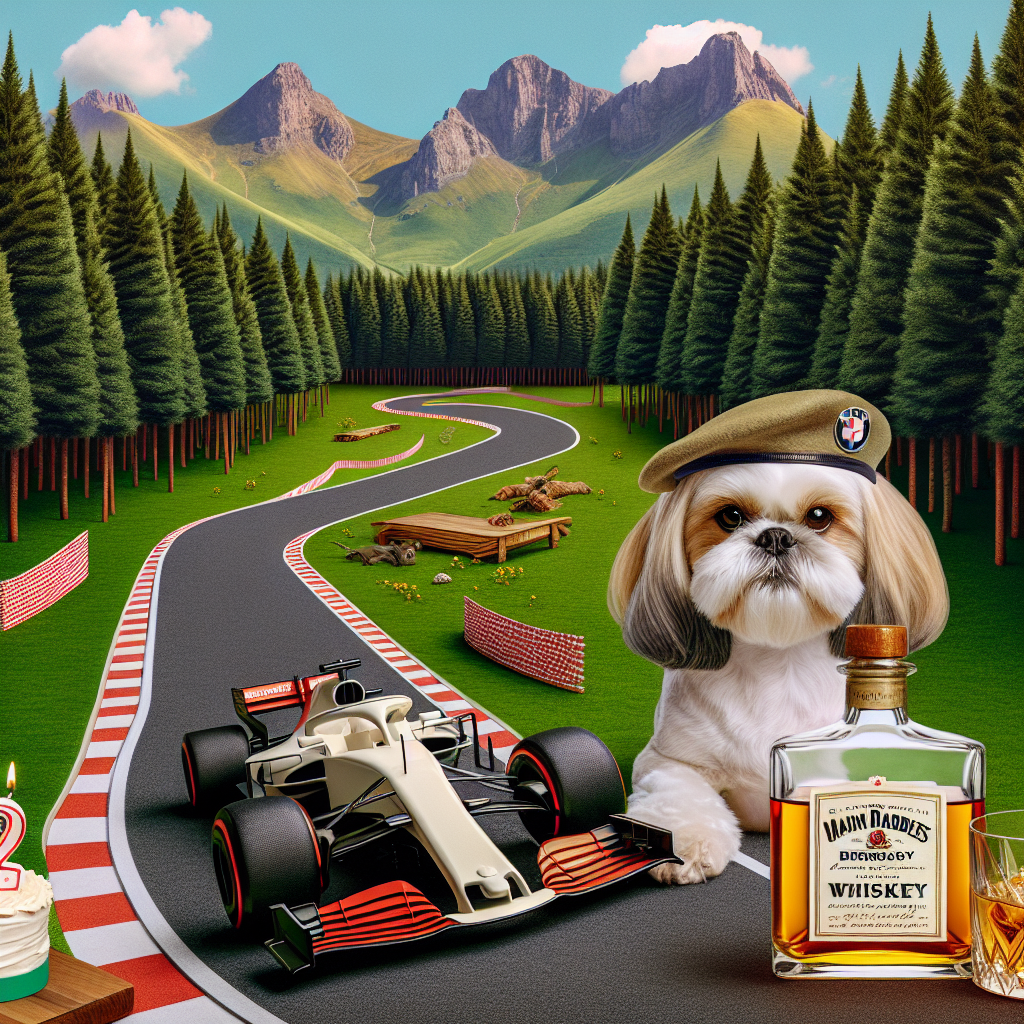 A delightful birthday-themed image features a playful F1 race track snaking through a verdant forest, creating an adventurous ambiance. At the heart of the image, a white and beige Shih Tzu, wearing a generic military beret, sits next to a bottle of unbranded whiskey. Surroundings are graced by towering mountains, enhancing the peaceful yet grand environment of the birthday scene.
Generated with these themes: F1, Jamesons whiskey, Forest, White/beige shitzhu, Royal Marine, and Mountains.
Made with ❤️ by AI.