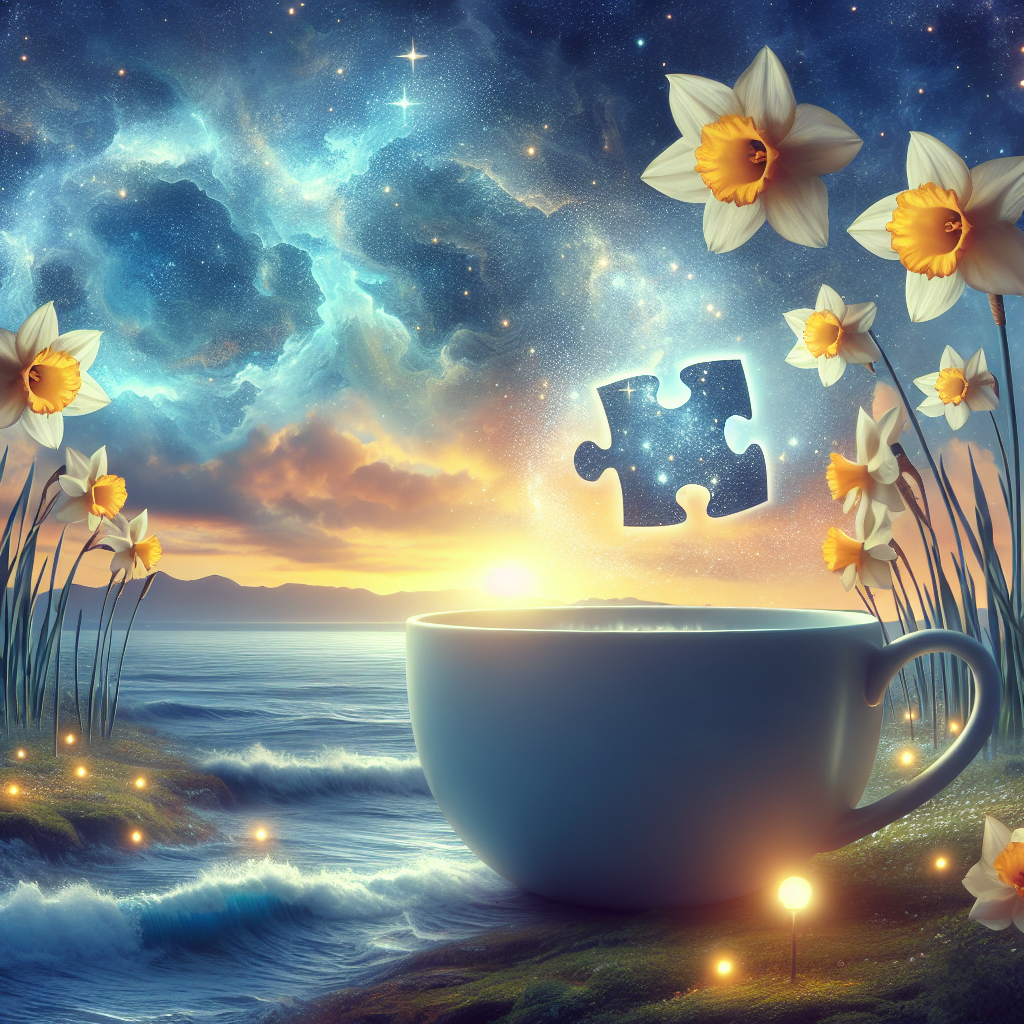 Create a fanciful image of dusk, where the ocean softly touches a coast speckled with gigantic daffodils swaying in an ethereal glow. In the center of this serene environment, a large cup of tea rests, filled with a swirling constellation of stars. A massive jigsaw puzzle piece hovers above, on the brink of falling into the cup, representing the last moments of twilight before the shift into a star-studded night.
Generated with these themes: Daffodils, Sea, Twilight, Cup of tea, and Jigsaw.
Made with ❤️ by AI.