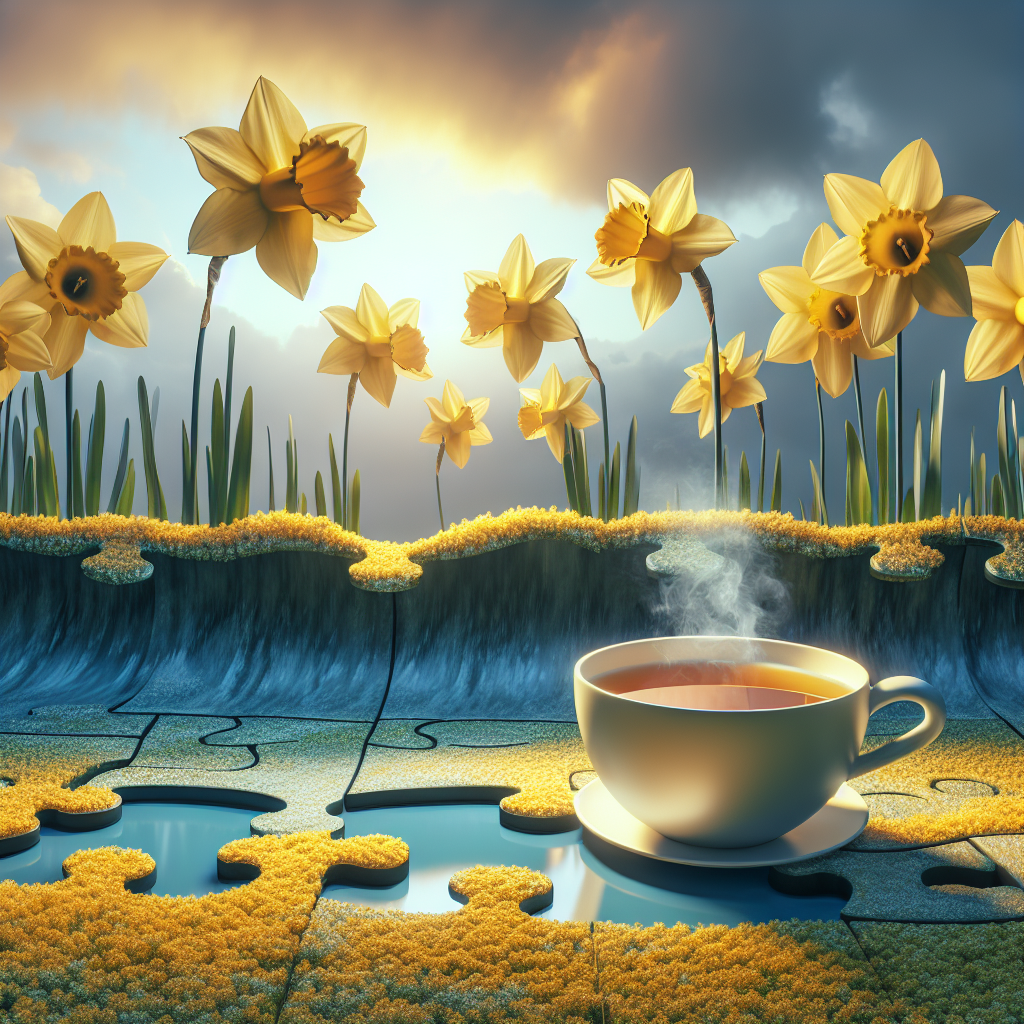 Create an image with a birthday-themed surrealist setting. Show glistening daffodils growing enormous, soaring from a wave-like sea with their yellow petals softly illuminated by the ghostly twilight sky. In the front, a gigantic half-done jigsaw puzzle shimmers on a reflective surface, with a vacant spot in it leading to the sight of a steaming cup of tea, unbelievably sitting on a stand shaped like a jigsaw puzzle piece. This surreal touch merges tranquility with an element of imaginative peculiarity.
Generated with these themes: Daffodils, Sea, Twilight, Cup of tea, and Jigsaw.
Made with ❤️ by AI.