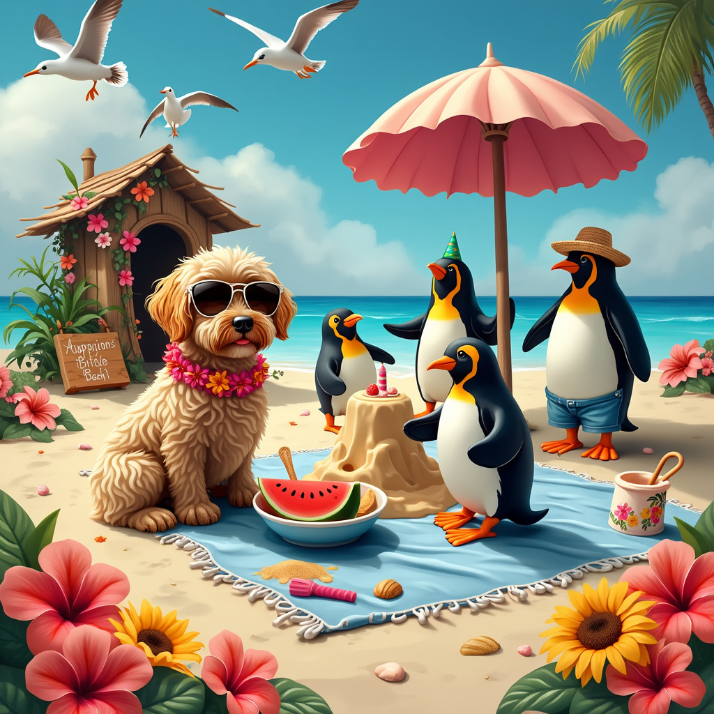 Penguins, Flowers, Beach, and Cavapoo Birthday Card
