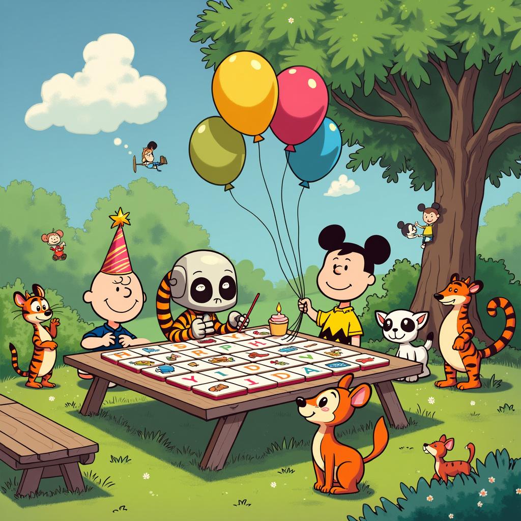 In a whimsical outdoor birthday party set in a lush, green park, the scene unfolds under a clear blue sky, evoking the serene charm of a Peanuts setting blended with the vibrant fantasy of Little Nemo. At the heart of the celebration is a large picnic table ingeniously styled as a Rummikub board, adorned with the joyful message "HAPPY BIRTHDAY GHIDA" spelled out in colorful tile holders. Rather than traditional numbers, the Rummikub tiles are whimsically illustrated with caricatured faces of beloved Disney characters, adding a playful touch to the event.

Several characters bring life to this festive gathering: a Charlie Brown-like child fumbles excitedly over a stack of Mickey Mouse tiles, donning a pointed party hat and wearing a wide, innocent smile. Nearby, a Calvin and Hobbes-inspired tiger playfully swipes at the Rummikub tiles, instigating a delightful chaos as they scatter through the air. An Astro Boy-inspired robot meticulously arranges Astro Boy-themed tiles on the table, showcasing its precise and careful nature, while a quirky animal character, reminiscent of The Far Side—perhaps a bemused cow or chicken—sits with a pencil and notepad, proudly acting as the scorekeeper.

Decorating the scene are colorful balloons and streamers that float above, echoing the clear line style of Herge, creating a vibrant atmosphere. Cartoonish woodland creatures, akin to those in Bambi, gather around, some curious participants and others simply onlookers, clutching tiny party favors. Lush trees frame the background, their leaves and branches inspired by the intricate designs of Will Eisner's cityscapes, yet with a natural twist.

Adding to the enchantment is a nearby cake styled like a tiered castle, merging Disney magic with the fantastical elements of Winsor McCay, complete with a candle-lit spire. Above each character, comic thought bubbles capture R. Crumb-style expressions of joy, surprise, and birthday excitement, making the atmosphere even more immersive. An open gift box lies at the side, its wrapping paper adorned with quirky illustrations of Tintin and Snowy exploring a whimsical, birthday-themed world map. 

This delightful celebration is a charming fusion of nostalgia and fantasy, providing a perfect backdrop for a birthday filled with laughter, joy, and warmth. 

Generated with these themes: A whimsical birthday party, playful characters, fantasy decor. Made with ❤️ by AI.