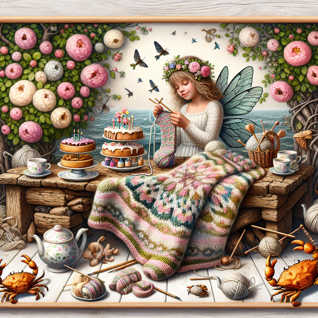 Imagine a comforting and enchanting picture that interweaves elements of knitting, tea time, fairies, and the beach, all set underneath a birthday theme. In a cozy corner of the room, fairies with dresses made out of petals come together around a rugged wood table filled with a spread of tea and cakes. A fairy, her face lit up with a tender smile, is knitting a patterned blanket as a birthday present. Crabs with tiny bows are scuttling around, creating a unique mix of coastal jubilation in the scene.
Generated with these themes: Tea, Knitting, Crabs, and Fairies.
Made with ❤️ by AI.