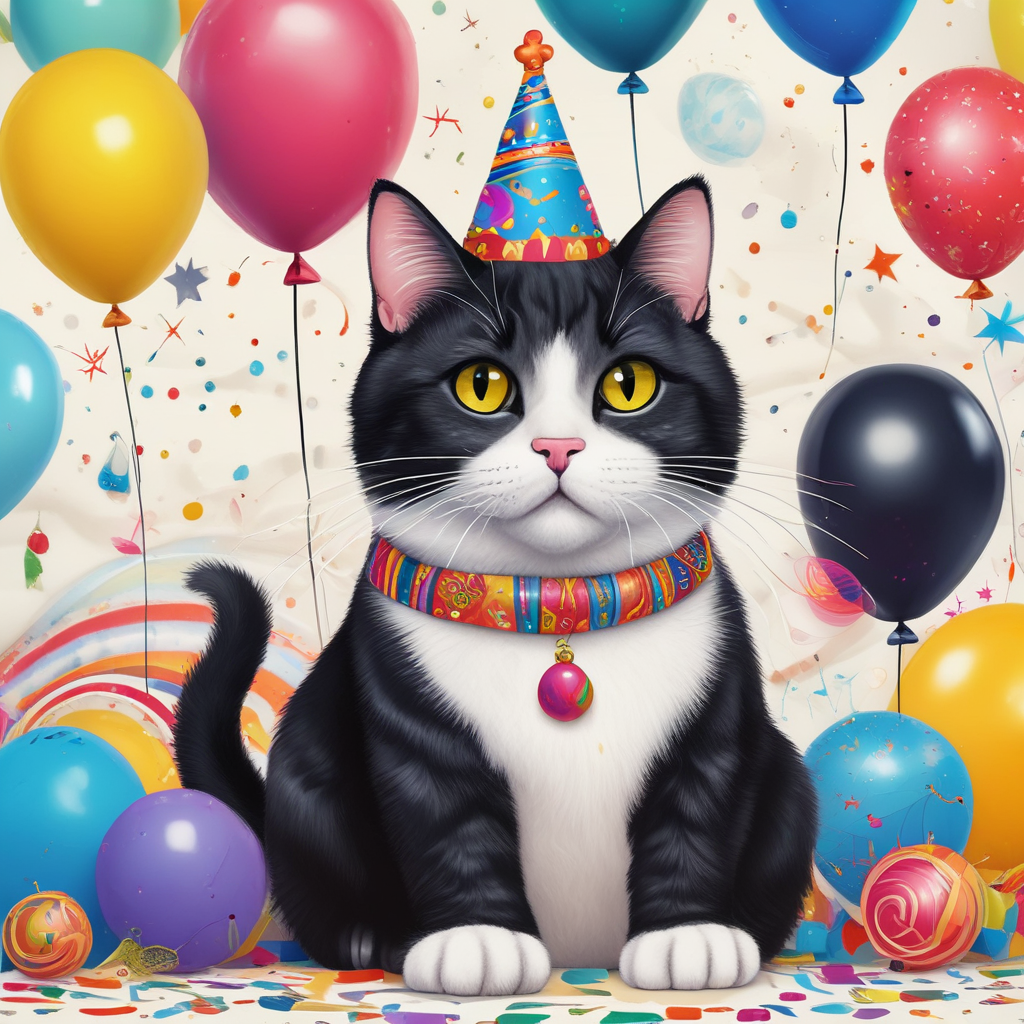 undefined undefined, Imagine a cartoon-style birthday celebration, where the center of attraction is an adorable adult Domestic Shorthair cat. This plump cat boasts a glossy black and white fur and sits contentedly amidst a plethora of vibrant decorations. Add bright yellow eyes that twinkle with a mischievous sparkle as it curiously explores the festive environment. Include balloons of multiple colors gently floating in the background, along with a playful party hat precariously perched on the cat's head. To the side, place a pile of wrapped gifts next to an extravagantly frosted birthday cake, both ready to add merriment to the party.
.
Made with ❤️ by AI.