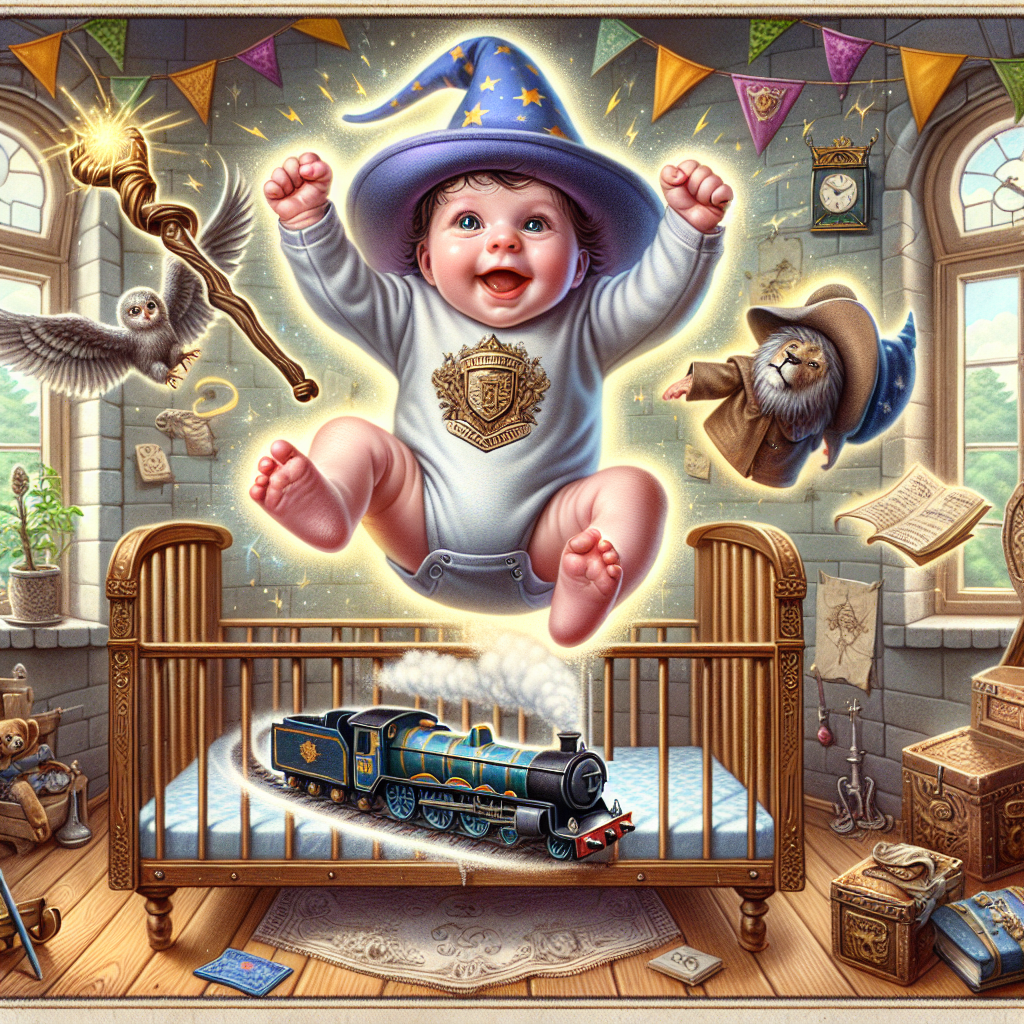 Depict a jovial illustration filled with mystical elements. The main subject is a newborn Caucasian baby girl humorously floating in mid-air, as if she's dancing. She is dressed in a wizardry-themed onesie, subtly hinting the theme of a famous wizard boy without directly implying it. Her crib is adorned with a variety of enchanting objects, including a magical staff and an old, wise hat. A tiny steam locomotive, reminiscent of the vintage era, joyfully runs in circles over her head. The setting insinuates that the room is nestled in a lofty tower, festooned with flags and colors of a brave lion emblem. The delightful baby seems to be casting her novice spell of dance.
Generated with these themes: Baby girl, Harry potter, and Twerk.
Made with ❤️ by AI.