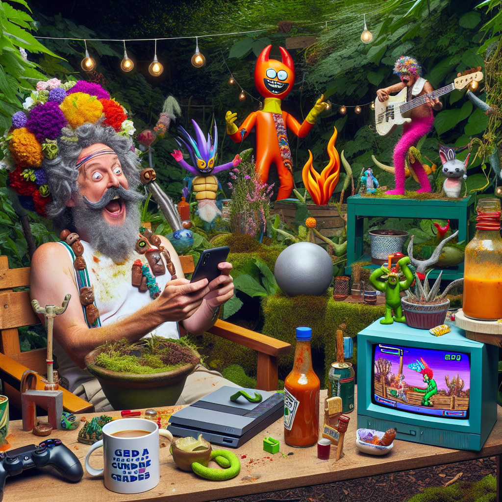 Create an image showing a chaotic garden where elements of game culture and popular culture combine to create a festive birthday scene. Amidst the foliage, an individual with a love for DIY, holds a mobile phone, laughing as they play a game featuring a wacky, heroic character vaguely resembling a familiar movie star. A game console sits on a near wooden bench, while a mug holding steaming coffee and an absurdly large hot sauce bottle are repurposed as whimsical garden ornaments, adding to the vibrant, eclectic party ambiance.
Generated with these themes: Xbox, DIY, Gardening, Coffee, Hot sauce, Mobile phone games, and Nicholas Cage.
Made with ❤️ by AI.