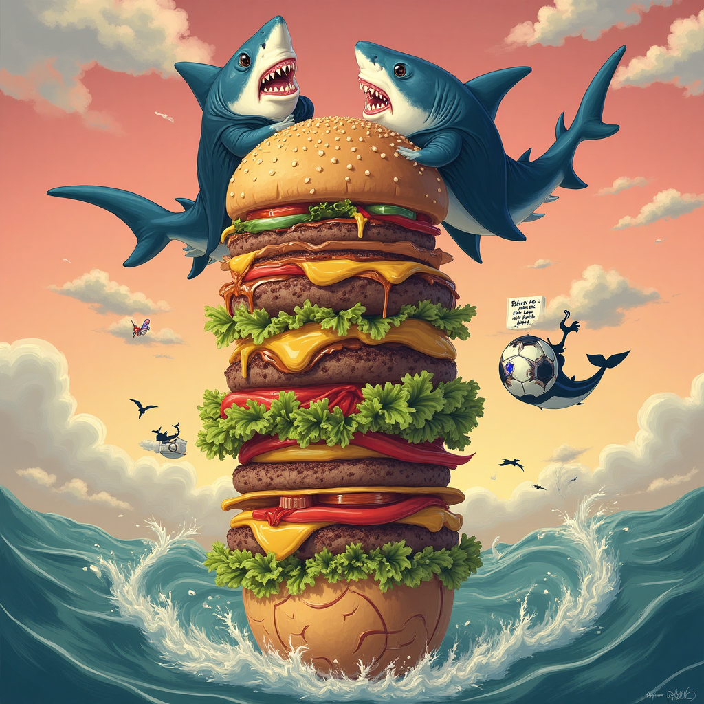 At the top of the Surreal Style image, the text reads: "Happy Burt Day!"

**Image Prompt:**

In a whimsical, dreamlike landscape, a towering, juicy burger takes center stage. Each layer of the burger is made from the unexpected: the lettuce is crafted from swirling sea waves, the cheese drips like melting clocks, and the beef patty appears to be a lush green football field. Hovering above this fantastical feast, a trio of sharks in elegant, Victorian-style capes zoom by on flying saucers. One of the sharks wears a monocle and has a striking resemblance to Dracula, complete with a tiny, fluttering bat companion. 

Below, a gleaming football with the Tottenham Hotspur emblem replaces the tomato slice, spinning and creating a vortex of ketchup and mustard. The sky is painted in pastel hues of pink and orange, with surreal, elongated clouds shaped like football boots dancing across the horizon.

To add a cheeky touch, a small text bubble emerges from one of the sharks, saying, "Bite me, if you dare!"
Generated with these themes: Burgers, Sharks, Dracula, Tottenham Hotspur, and .
Made with ❤️ by AI.