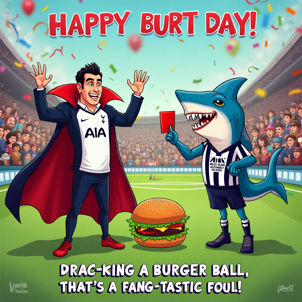 At the top of the Cartoon Style image, the text reads "Happy Burt Day!"

---

**Image Description:**

In a whimsical cartoon scene, Count Dracula is decked out in a Tottenham Hotspur jersey, complete with a vampire cape billowing dramatically behind him. He stands in the middle of a football pitch, looking baffled and holding a football shaped like a giant hamburger. 

To his right, a shark dressed as a football referee, wearing a striped shirt, is blowing a whistle and holding up a red card, wagging a fin in disapproval. 

The background is a chaotic mix of confetti, balloons, and cartoon spectators in the stands, all wearing Tottenham scarves and hats, cheering enthusiastically. The whole scene is bursting with energy, vibrant colors, and exaggerated cartoon features.

Below the image, in a playful, bold font, the caption reads: "Drac-king a burger ball, that's a fang-tastic foul!"
Generated with these themes: Dracula, Tottenham Hotspur, Sharks, Burgers, and .
Made with ❤️ by AI.
