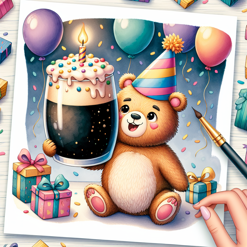 The illustration showcases a cozy birthday setting with a charming bear wearing a party hat, toasting with a pint of Guinness. Balloons and a pile of presents are in the background, complemented by a cute cupcake with a single candle, symbolizing a modest yet heartfelt birthday celebration.
Generated with these themes: Guinness .
Made with ❤️ by AI.