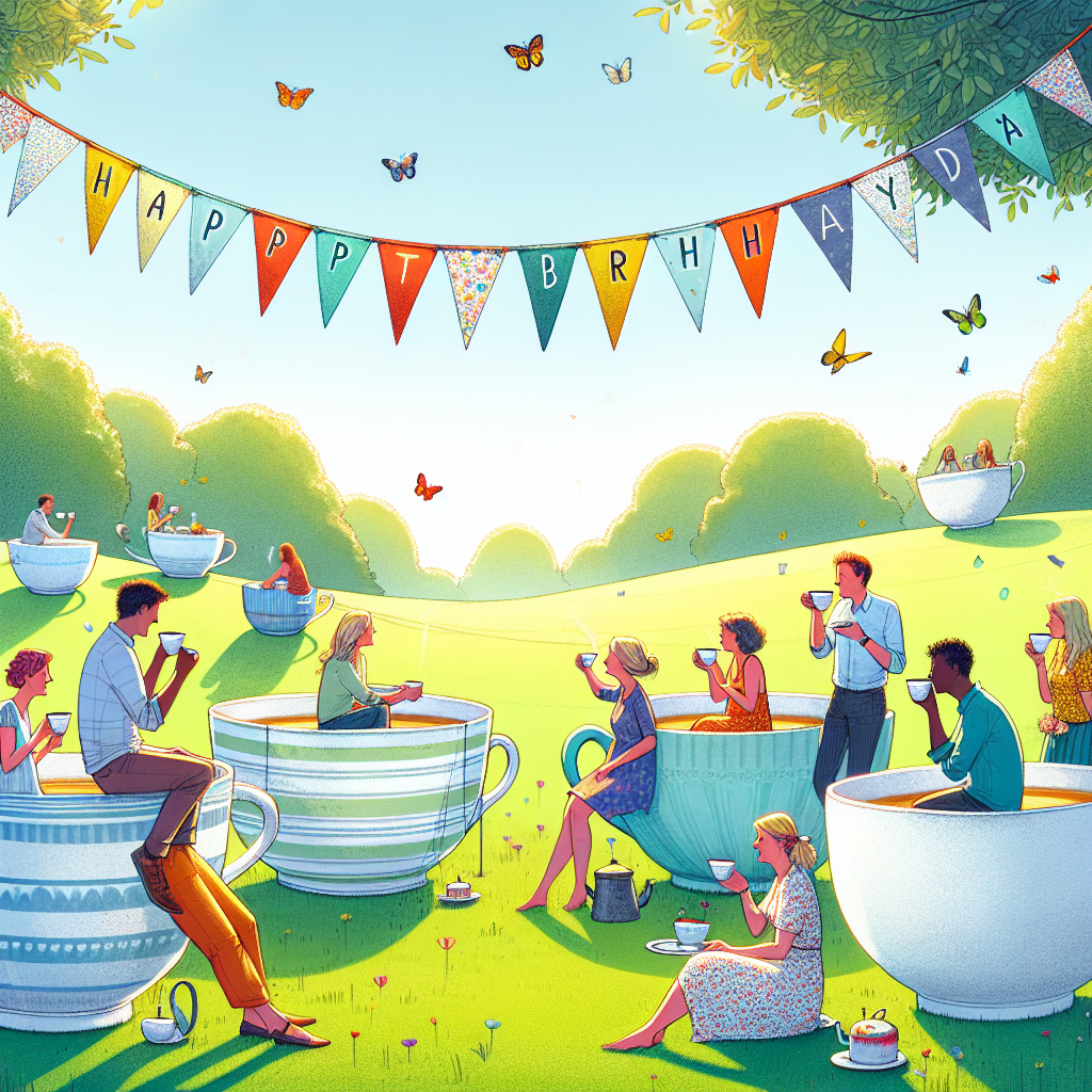 Illustrate a tranquil outdoor birthday party set in a sunlit garden. A diverse group of friends are stationed on lawns, nestled against gigantic tea cups reimagined as cozy seating spaces. Each person, cup of tea clasped, seems actively ensnared in animated dialogues, embodying an array of emotions. The clear sky dangles a line of colorful bunting flags displaying the words 'Happy Birthday,' gently swaying. A flutter of lively butterflies punctuates the delightful panorama, infusing an element of magic into the merry tea-time festivities.
Generated with these themes: Friends , and Cups of tea.
Made with ❤️ by AI.