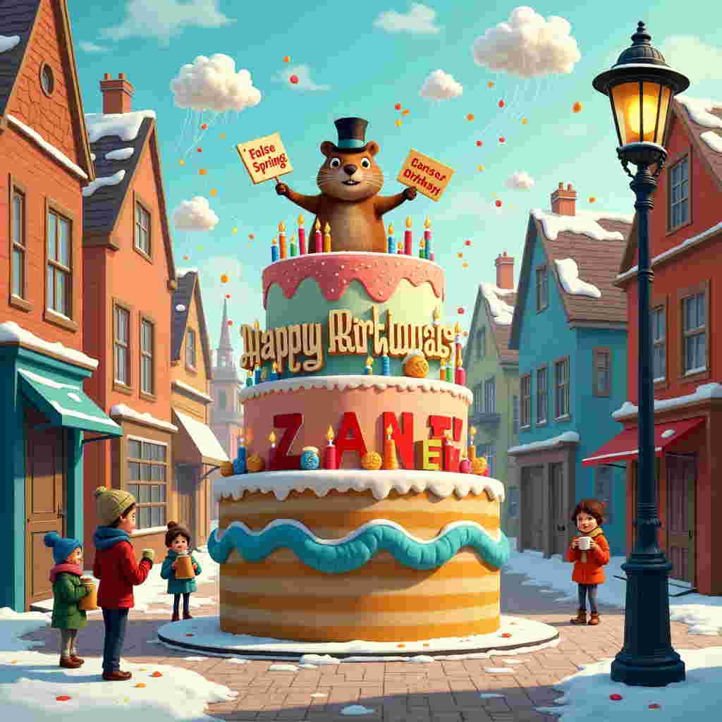 The scene unfolds on a lively street corner in a whimsical town where the houses are all colorful, tilted, and leaning like they're about to share secrets. It's February 2nd, and the air is crisp with a gentle dusting of snow clinging to the rooftops. Center stage is a gigantic, oversized birthday cake set up right in the middle of the cobblestone street. This cake is a masterpiece, with layers in every imaginable hue, topped with a profusion of playful, multicolored candles flickering gently in the breeze. Perched atop the cake, however, is a peculiar figure: a groundhog wearing a tiny top hat and holding a sign that reads "False Spring?" in one paw and "True Birthday!" in the other, giving a nod to Groundhog Day while embracing the birthday theme. The groundhog is peeking out of a fondant burrow, adding to the playful illusion.

Adjacent to the cake is a large, vintage-style lamppost from which hangs a jubilant banner that says "Happy Birthday, Zane!" in bold, vibrant letters. The banner is festooned with miniature paper groundhogs peeking out from behind the letters, a cheeky nod to the special date. Floating gently above the scene are helium balloons shaped like clouds, and if one looks closely, the wisps of these cloud-balloons subtly spell out "ZANE" across the sky, seemingly crafted by a gentle breeze.

On the sidewalk, children with rosy cheeks and bundled in colorful scarves and mittens hold cups of steaming cocoa as they gaze in wonder at the cake, while their laughter rises like bubbles into the crisp air. Nearby, a street performer, a juggling mime, is expertly tossing false birthday candles into the air, catching them with practiced ease. The cobblestones are scattered with confetti shaped like groundhogs and miniature candles, hinting at a party that’s as unexpected as it is delightful.
Generated with these themes: 2nd of feb.
Made with ❤️ by AI.
