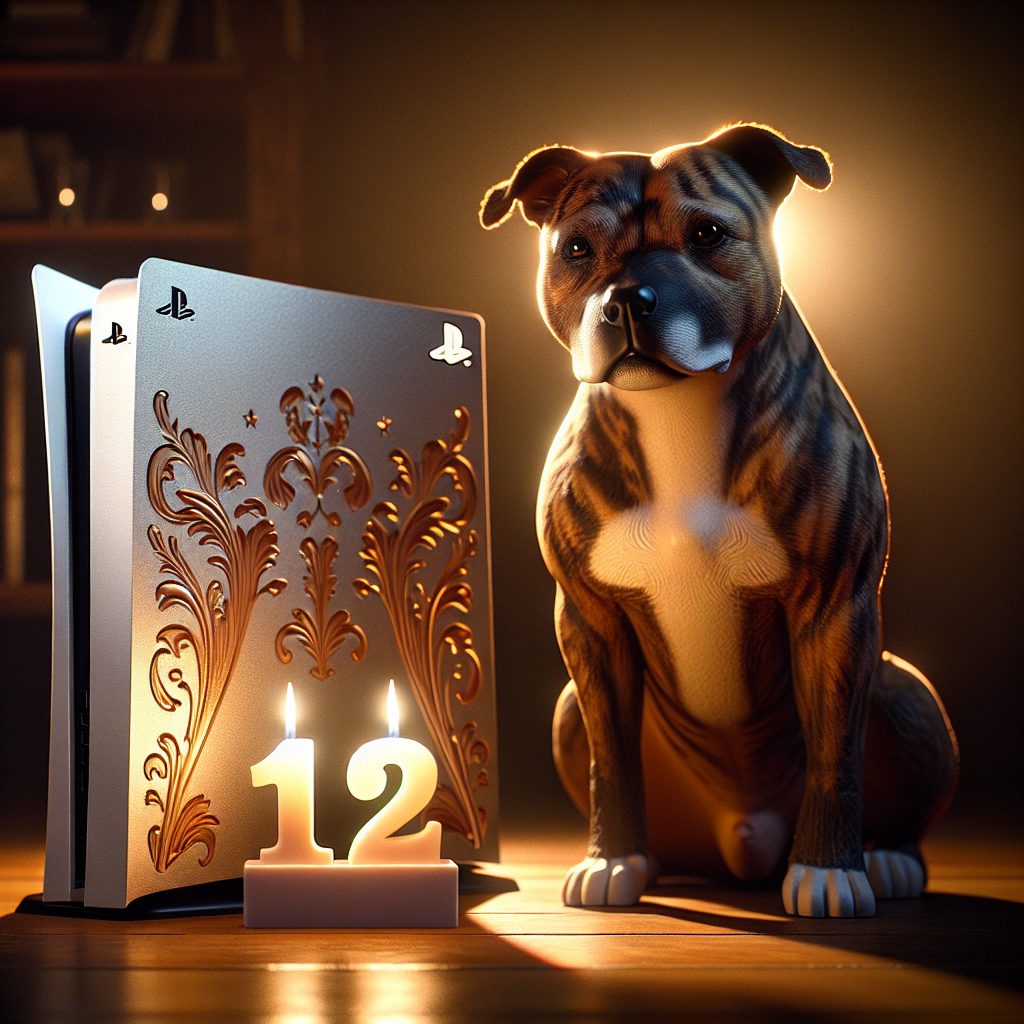 Depict a warmly lit scene marking the anniversary of an event. The light plays invitingly on an intricately designed PlayStation 5 console, adorned with elegant motifs, showcasing depth and attention to design. Next to it, is a Staffordshire Bull Terrier, as lifelike as possible. The muscular build and affectionate eyes of the pooch instill a sense of coziness. It has a smooth brindle coat that looks almost touchable. The overall scene is a serene representation of an annual celebration, with the soft glow of the game console symbolizing the subtle joy of another year passed.
Generated with these themes: PlayStation 5 , and Staffashire bull terrier.
Made with ❤️ by AI.