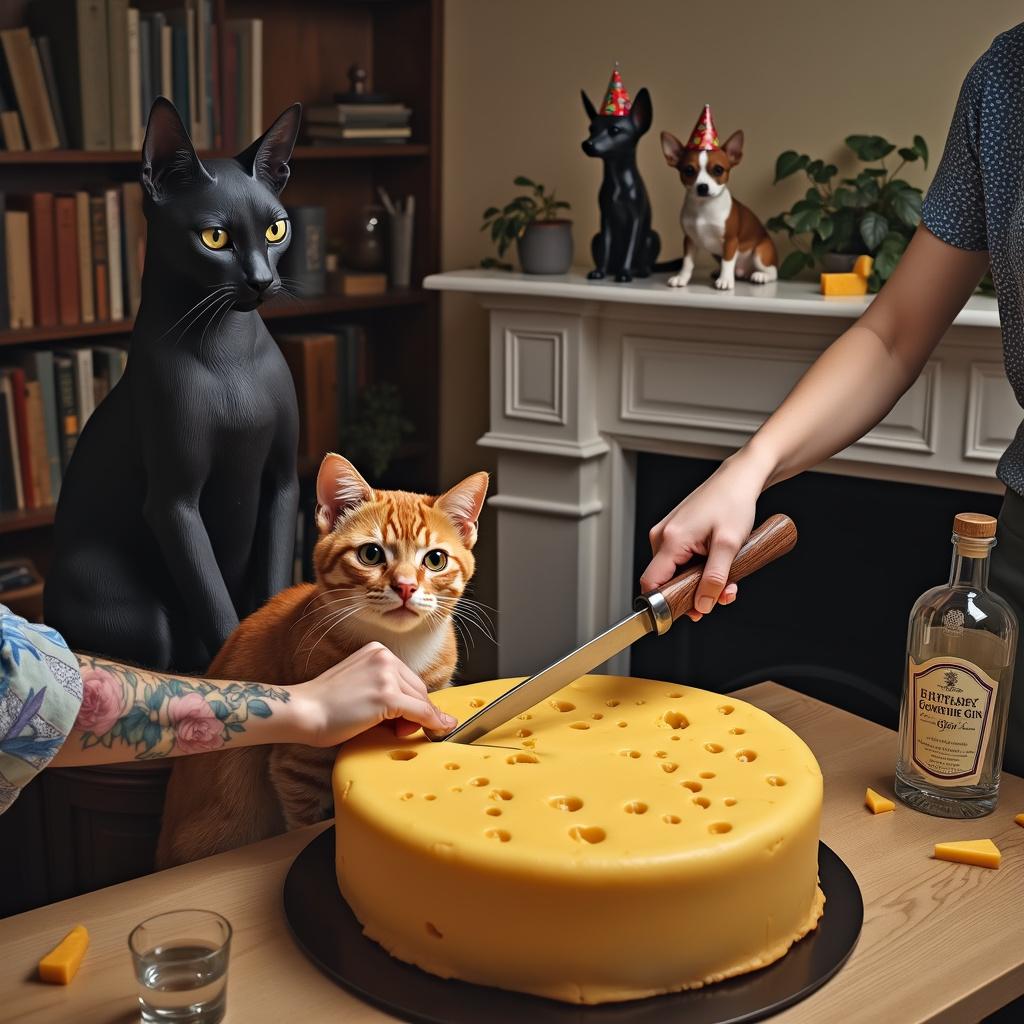 In this birthday scene, a lifelike tattoo of a short-haired ginger cat adorns the forearm of an individual slicing into a cake that resembles a wheel of cheese. The tattoo is intricately shaded and positioned to look as if the cat is eyeing the cake-cutting with interest. Opposite this, a realistic black cat statue, complete with piercing yellow eyes, sits atop a bookshelf surveying the room, a party blower in its mouth. Small, delicate Chihuahua figurines decorated with tiny birthday hats line the mantlepiece. Nearby, an elegant bottle of gin with an artful label design is flanked by a pair of heavy-based gin glasses, one of which has a cheese garnish on the rim. The room is strewn with carefully placed cheese-shaped confetti, and the fragrance of gin-infused candles permeates the air.
Generated with these themes: Short haired Ginger Cat, Tattoo, Cheese , Gin, Black cat , and Chihuahua .
Made with ❤️ by AI.