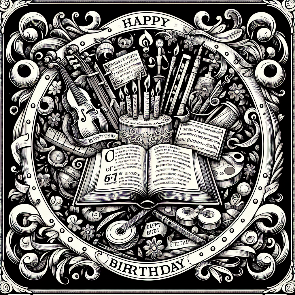 Compose a vector illustration of a charming birthday celebration. The scene should be unique and contain symbols representing development, faith, and artistic imagination. A garland of stylized flowers should decorate the border, providing an enchanting frame. The centerpiece is a finely illustrated Bible, representative of wisdom and guidance. Surroundings should possess elements such as musical instruments and artistry tools, hinting an appreciation for melody and fine arts. Sporadic quotes from famous literature are scattered to provide depth and inspiration for the birthday theme.
Generated with these themes: Flowers, Bible, Music, Art, and Literature.
Made with ❤️ by AI.