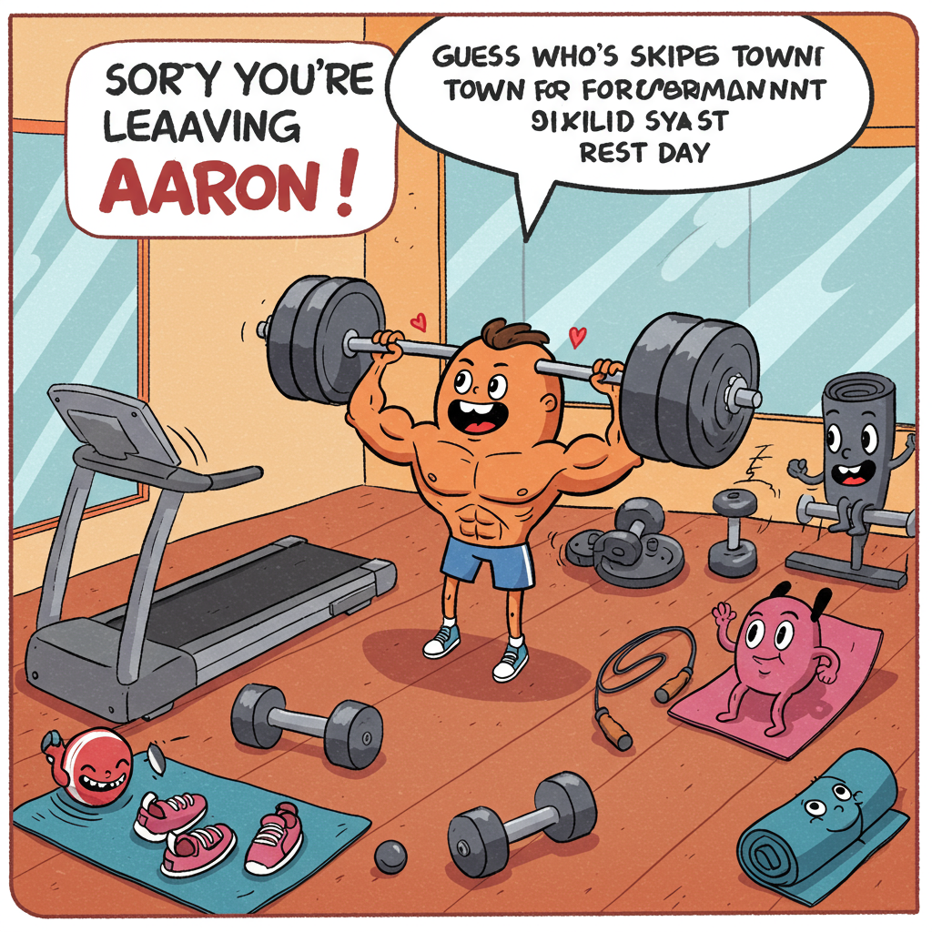 At the top of the Cartoon Style image, the text reads: "Sorry you're leaving Aaron".

**Image Description:** 

A whimsical cartoon gym filled with animated fitness equipment. A treadmill with a goofy smile and tiny running shoes, dumbbells with arms flexing exaggeratedly, and a jump rope that's twirling itself with gleeful eyes. In the center, a cartoon character with exaggerated muscles is being lifted by a barbell that seems to have its own personality, grinning cheekily. A yoga mat in the corner is rolling itself up, waving goodbye with a little cartoon hand. Above the scene, a speech bubble from a hyperactive exercise bike says, "Guess who’s skipping town for a permanent rest day!" Bright colors and energetic lines give the whole scene a lively, humorous vibe.
Generated with these themes: Fitness, and .
Made with ❤️ by AI.