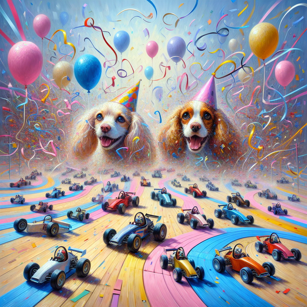 Create an image dedicated to a birthday celebration. This image should capture an abstract interpretation of a jovial race track filled with lively miniature cars. The dominant colours should be pastel shades accentuated by playful brushstrokes, creating a dreamlike atmosphere. The scene is further enhanced by scattered party balloons and drifting confetti streams that echo the party theme. Amidst the festive chaos, depict a pair of ecstatic cocker spaniels, one brown and the other white. Their eyes should reflect their delight, and they should be wearing cute party hats, making them the primary characters of this scene. This image should encapsulate the whimsical charm of a unique birthday festivity.
Generated with these themes: Cars, and Brown and white cocker spaniels.
Made with ❤️ by AI.