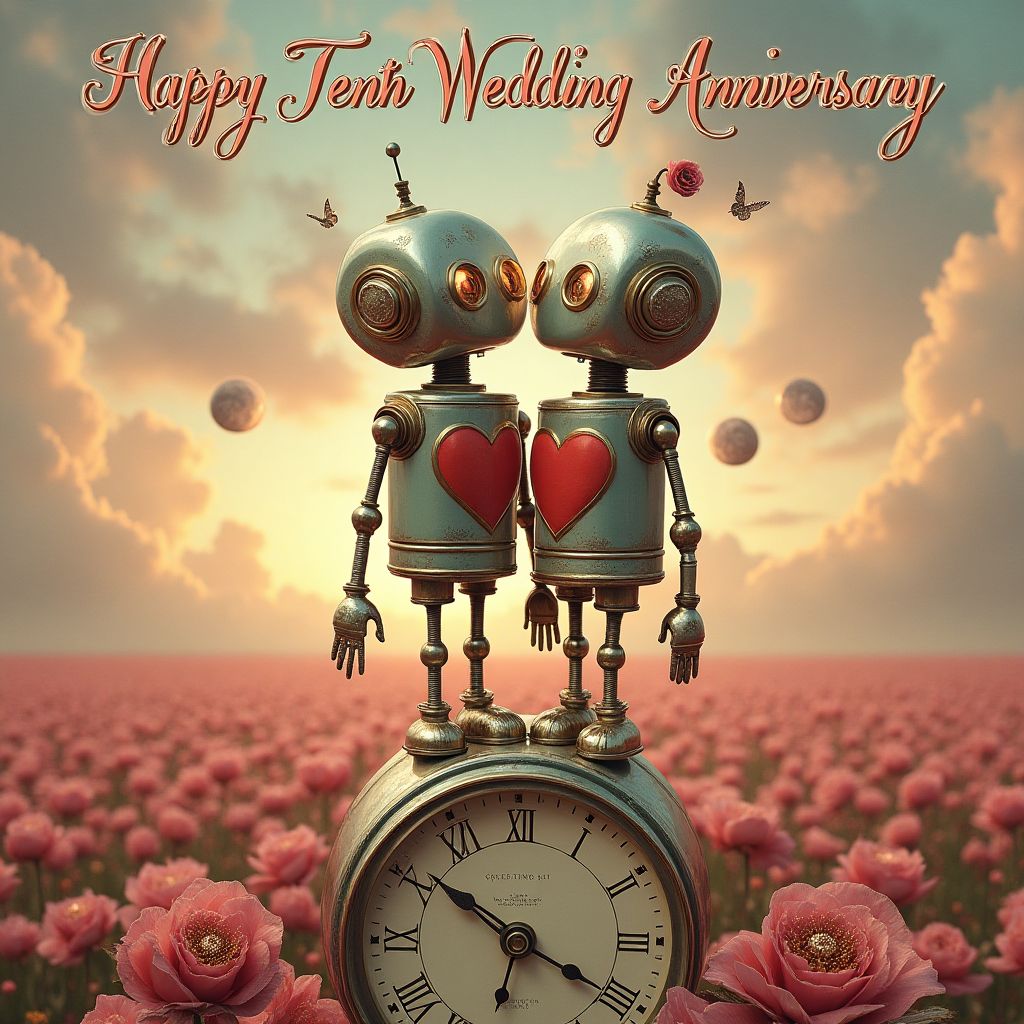 At the top of the Surreal Style image, "Happy Tenth Wedding Anniversary" in elegant, flowing script.

**Image Description:**

In a dreamlike, surreal landscape, a pair of vintage tin robots, with delicate heart-shaped clockwork mechanisms, stand in a whimsical embrace atop a melting clock. The sky swirls in shades of pastel pink and gold, echoing a romantic sunset. Oversized roses bloom from the metallic bodies of the robots, petals shimmering like liquid metal. Around them, a garden of oversized, floating tin cans forms a heart-shaped path, leading into the distance where two moons hover, their surfaces reflecting each other like soulmates. 

In the bottom corner of the image, the text playfully reads: "Time Flies When You're Together... Even in Tin!"
Generated with these themes: Tin , and .
Made with ❤️ by AI.