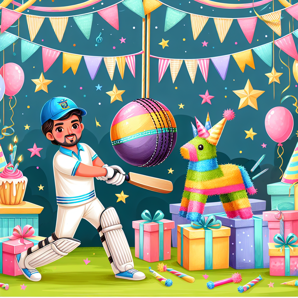 Create an image of a joyful birthday environment painted with pastel hues and decorated with party streamers and stars. Attract attention to a charming cricketer in the middle, sporting his team attire, taking a swing at a piñata designed to resemble a cricket ball. Embellish the scene with elements such as party hats, a birthday decor piece, and an accumulation of presents, all adhering to the cricket-festival motif.
Generated with these themes: Cricketer.
Made with ❤️ by AI.