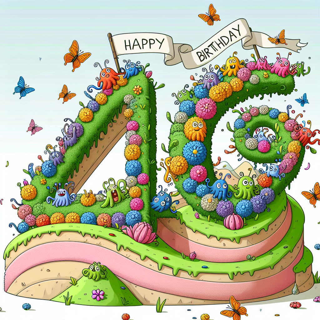 A vibrant illustration featuring a parade of cartoon animals, each holding a letter from the text 'Happy Birthday.' They march over a rolling landscape of hills that form the shape '48,' adorned with flowers and butterflies to emphasize the birthday theme.
Generated with these themes: 48th  .
Made with ❤️ by AI.