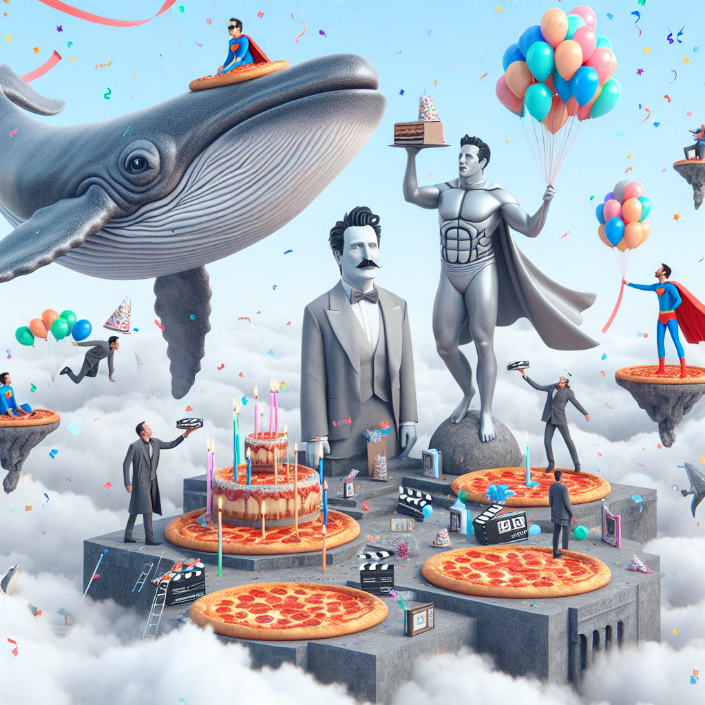 In this whimsical birthday realm, ethereal whales glide amongst clouds, trailing ribbons and balloons from their tails. Superheroes, with their capes billowing, deliver gifts of steaming pizza to floating islands of revelers. Dominating the surreal skyline, an avant-garde statue of a famous actor with a strikingly memorable face stands sentinel, his eyes casting an approving gaze over the festivities, as confetti shaped like film reels and scripts from iconic cinema rains gently upon the jubilant tableau.
Generated with these themes: Whales, Super heroes , Nicolas cage, and Pizza.
Made with ❤️ by AI.