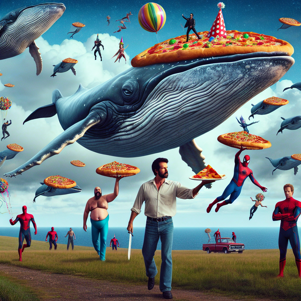 The scenery unfolds in a surreal expanse where mammoth-sized whales glide gracefully through the air, their bodies festooned with vibrant party hats. In this panorama, an unusual collection of fictional superhumans make their way from one cloud to another, serving pieces of divine pizza to elated party-goers. The ambiance is accentuated by a well-known action movie actor's iconic expressions, which transmorph into balloons and streamers, disseminating the essence of his multifold roles across every aspect of this metaphysical festivity. The actor is depicted with medium build and a distinctive grin on his face but his identity remains concealed.
Generated with these themes: Whales, Super heroes , Nicolas cage, and Pizza.
Made with ❤️ by AI.