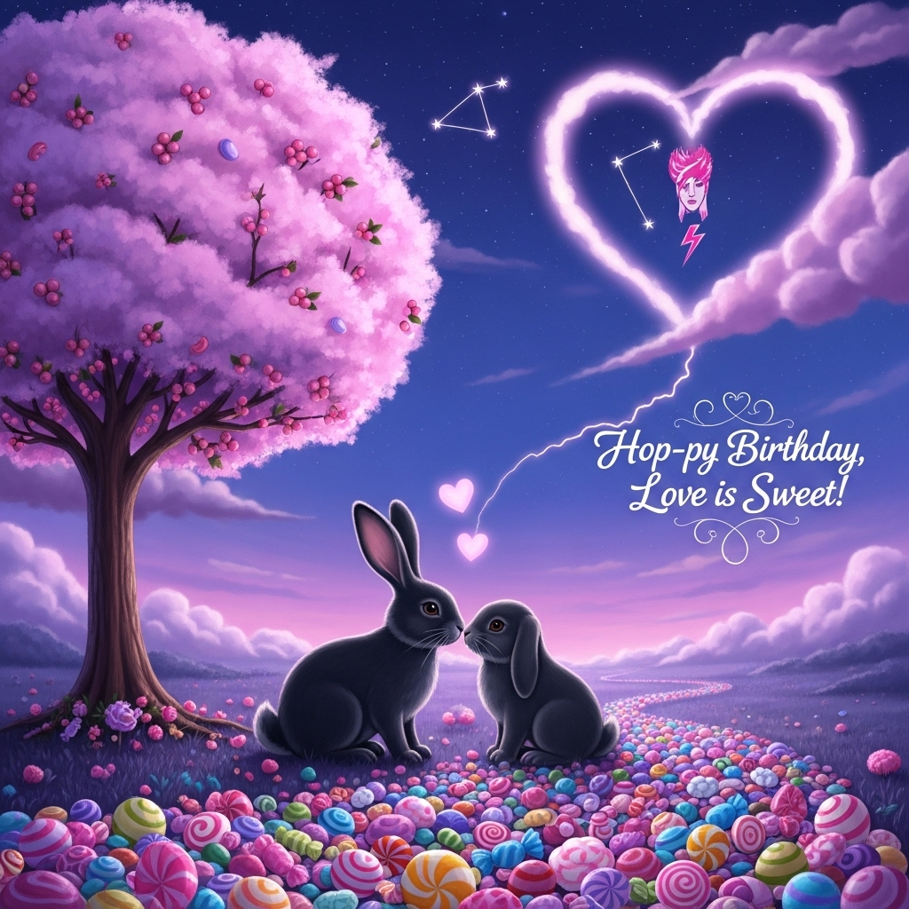 Cherry tree, Black rabbit with white nose, Black lop rabbit, Sweets, Heart, Ziggy stardust, and Birthday Card