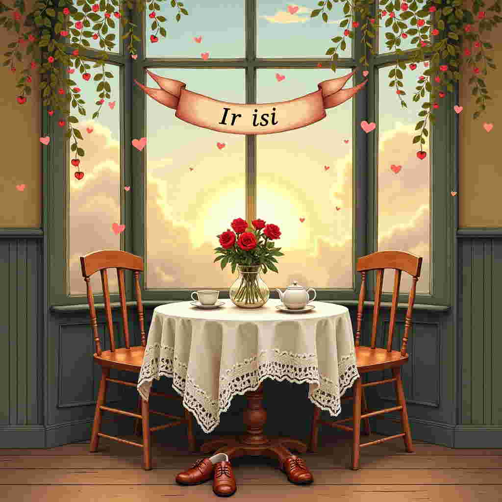 At the center of the card, picture a cozy, rustic café setting inspired by Beatrix Potter’s attention to detail, capturing the warmth of an intimate moment. Nestled in the heart of this scene is a small round table draped with a vintage lace tablecloth, with an intricate lace pattern reminiscent of Arthur Rackham’s elaborate linework. On the table, place a delicate porcelain teapot with matching cups, steam curling upwards in graceful tendrils.

Behind the table, a large bay window, reminiscent of a Norman Rockwell illustration, frames the background. Outside, a softly glowing, pastel-hued twilight sky in the style of Maxfield Parrish sets the scene aglow. Tiny stars begin to twinkle above, nestled among fluffy clouds tinged with shades of pink and lavender.

Inside, delicate red roses with lush green leaves are arranged in a small, crystal vase at the table’s center. Their petals are captured with detailed precision, echoing the botanical elements seen in Maurice Sendak’s works.

A banner gracefully drapes from one corner of the window to another, with soft, flowing script that reads “Ir isi.” The text appears to be gently hand-painted, akin to Edward Gorey’s careful calligraphy, and is accentuated by tiny, floating heart motifs that playfully dance around it.

On the wooden floor, with a texture reminiscent of Quentin Blake’s loose and lively style, rest a pair of well-worn leather shoes, subtly suggesting a recent arrival or departure. In the background, faint shadowy silhouettes of classic heart shapes, inspired by Aubrey Beardsley's elegant use of contrast, subtly enhance the card’s romantic theme without overwhelming the delicate details.

Overall, this scene captures a timeless Valentine's Day moment, blending intricate details and soft pastels to create an enchanting visual experience.
Generated with these themes: something romantic with hearts.
Made with ❤️ by AI.