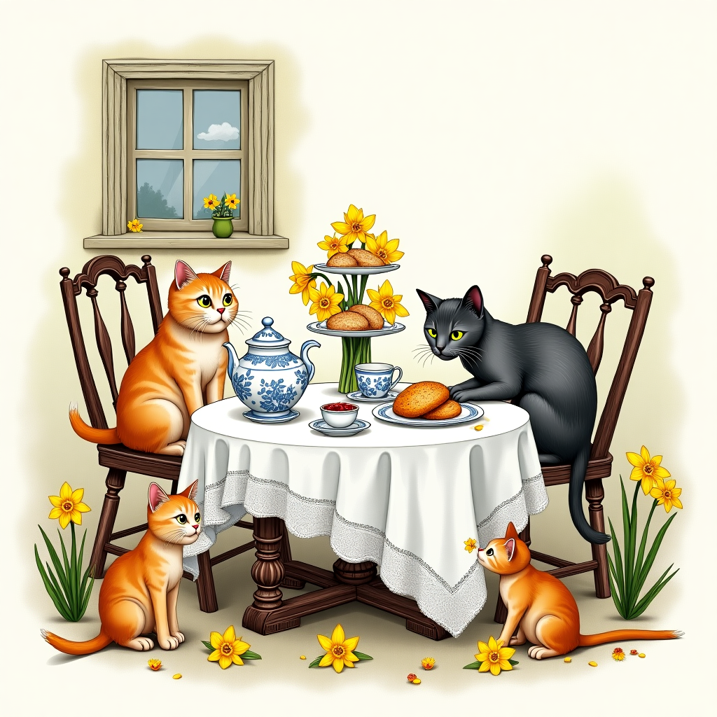 The front cover of the Mother's Day greeting card is a charming hand-drawn illustration, teeming with detailed and expressive elements. 

**Foreground Elements:**

- **Tea Table Scene:** At the center of the scene is a quaint, round wooden table, reminiscent of an Edwardian tea setting. It's adorned with a pristine white lace tablecloth with delicate floral patterns, the lace edges elegantly draping over the table's sides.
  
- **Cream Tea Arrangement:** On the table sits a classic porcelain teapot, painted with intricate blue floral motifs akin to the designs of traditional English china. Beside it, a small milk jug and a sugar bowl are placed, their surfaces decorated with tiny, hand-painted daffodils. The tea is served in matching porcelain cups and saucers.

- **Scones and Jam:** A three-tiered cake stand is filled with freshly baked scones, golden-brown and slightly crumbly, each topped with a dollop of clotted cream and a dollop of strawberry jam, the red contrasting beautifully with the creamy white.

**Cats and Daffodils:**

- **Curious Cats:** Three cats with distinct personalities are gathered around the table. One, a fluffy Persian with soft, cream-colored fur, sits on an ornate wooden chair, its paw slightly raised as if contemplating the tea. A sleek, gray tabby with striking green eyes is perched on the table's edge, inquisitively sniffing a saucer. A playful ginger kitten playfully bats at a daffodil that has fallen onto the floor.

- **Daffodils:** Daffodils, in various stages of bloom, are scattered artfully around the scene. A small vase in the center of the table holds a bouquet of vibrant yellow daffodils, their trumpet-shaped blooms exuding a subtle elegance. Loose petals are whimsically scattered across the tablecloth and around the floor, adding pops of yellow throughout the illustration.

**Background Elements:**

- **Cottage Window View:** Behind the table is a large, arched window, reminiscent of a quaint English cottage. Through the clear glass, a lush garden is visible, filled with more daffodils swaying gently in a light breeze. The garden is dotted with wildflowers in various pastel shades, hinting at a springtime setting.

- **Interior Details:** The walls of the room are lined with wooden paneling, painted a soft, sage green, adding warmth and a touch of vintage charm. Shelves lined with books and knick-knacks, such as small cat figurines and miniature teacups, provide additional detail.

The overall composition, inspired by the detail and whimsy of Beatrix Potter with a hint of Maxfield Parrish's vibrant colors, creates a richly detailed scene full of visual storytelling, inviting the viewer into a warm and delightful celebration of Mother's Day.
Generated with these themes: Cream tea, Cats, and Daffodils.
Made with ❤️ by AI.