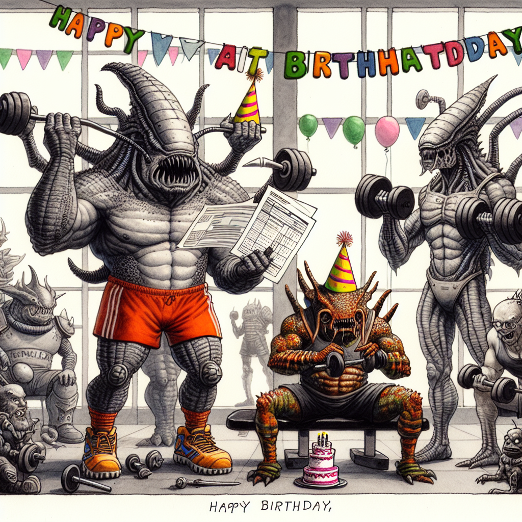 A humorous birthday-themed drawing illustrates a group of monstrous alien creatures, distinct with numerous limbs and carapaces, hilariously decked out in sweatbands and workout outfits. They amusingly grapple with complicated paperwork, as if they were tax forms, all the while hoisting dumbbells at a fitness center. Armored warriors, identified by their striking, bulky combat attire, are seen engaged in a bench press competition in the background, while an enthusiastic crowd of geeky spectators, wearing generic fantasy gaming merchandise, encourage them with birthday cakes and party hats.
Generated with these themes: Tyranids, Tax, Gym, Warhammer, Space marines, and Nerds.
Made with ❤️ by AI.