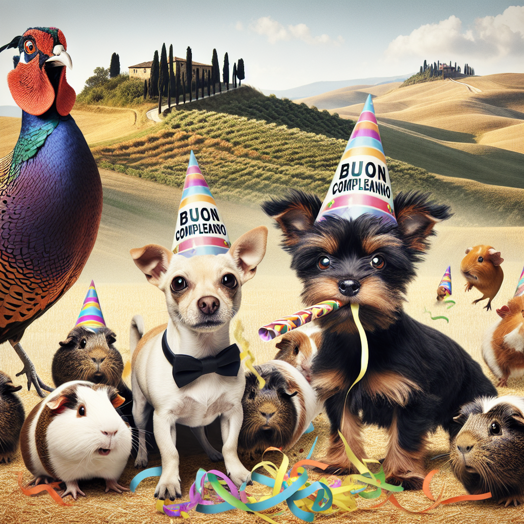Create a humorous birthday illustration that portrays a scene of celebration. In this scene, a short-haired black terrier puppy and a short-haired golden Chihuahua are wearing party hats and blowing whistles surrounded by a swarm of guinea pigs who are nibbling on streamers. In the background, an elegant pheasant with a bow tie is photobombing. The backdrop consists of the renowned rolling hills and cypress trees found in Tuscany, Italy. The pheasant has a speech bubble saying 'Buon Compleanno!'
Generated with these themes: Short haired black terrier puppy, Short hair Golden chihuahua , Guinea pigs, Pheasant, and Italy.
Made with ❤️ by AI.