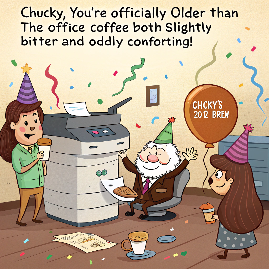 At the top of the image, "Chucky, you're officially older than the office coffee—both slightly bitter and oddly comforting!"

- In the center of the image, illustrate a chaotic but cheerful office breakroom scene: a cake-shaped photocopier is jammed with candles, and a coffee pot labeled "Chucky's 2012 Brew" has sprouted cobwebs.  
- A group of quirky cartoon coworkers in party hats are using paper shredders as confetti machines.  
- Chucky (a cartoon character version) is sitting triumphantly on a swivel chair throne, wearing a crown made of staplers and holding a balloon shaped like a giant coffee mug.
Generated with these themes: In a office.
Made with ❤️ by AI.