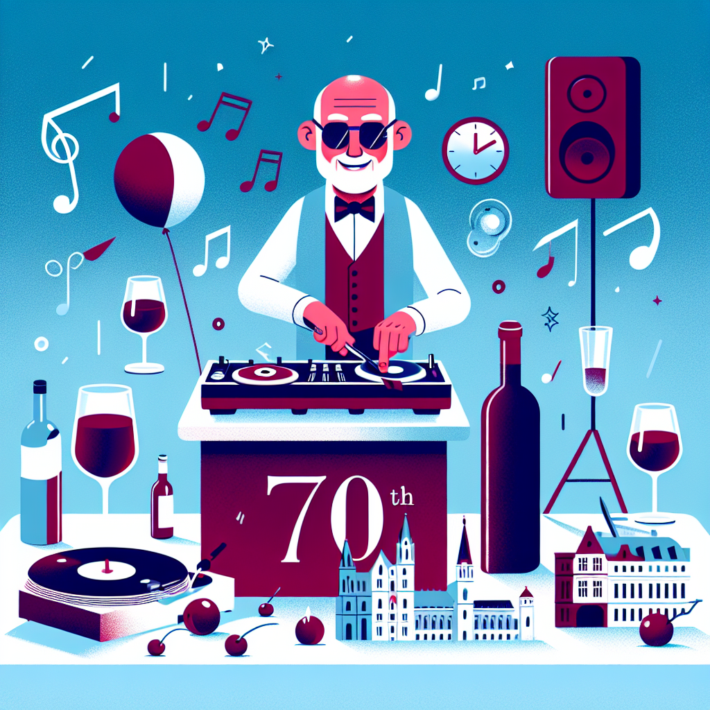 Create a lively illustration of a 70th birthday party. The scene is centered on a happy, elderly, clean-shaven Caucasian man who stands behind a DJ booth, energizing the atmosphere with funky music. The color scheme revolves around claret and baby blue hues, mirroring the celebratory spirit. Scattered around him are various items that hint at his interests. Include tiny model landmarks, representing his wanderlust, and a sophisticated bottle of wine with a half-full glass, highlighting his admiration for fine wines.
Generated with these themes: Older man no beard, 70th, Djing, Wine, Travel, and Claret and baby blue .
Made with ❤️ by AI.