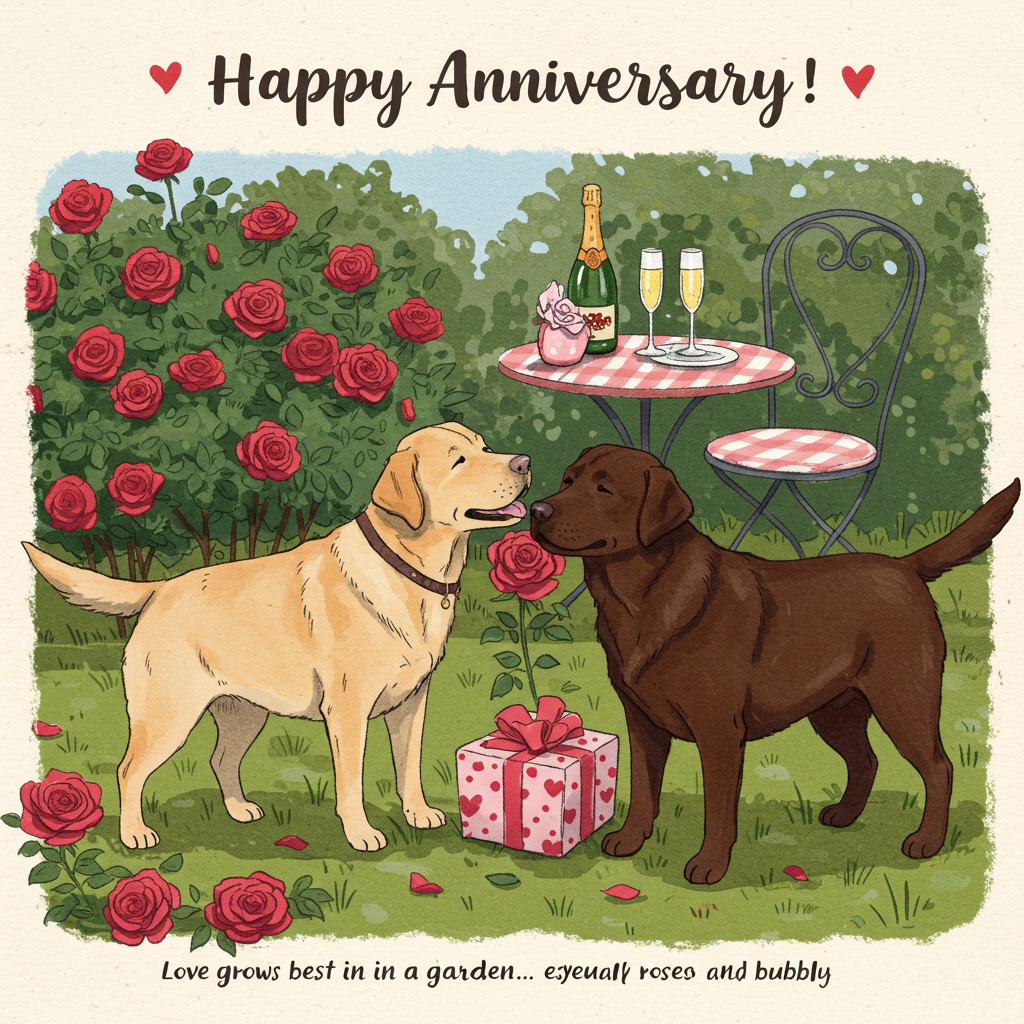 At the top of the Illustration Style image, the text reads: **Happy Anniversary**

**Image Prompt:**

Create a romantic and whimsical scene featuring a pair of playful labradors in a charming garden setting. The labradors, one golden and one chocolate, are joyfully sniffing around a lush rose bush, where vibrant roses bloom in shades of red and pink. In the background, a quaint garden table is set with a chilled bottle of champagne and two elegant flutes, capturing the essence of celebration. The illustration showcases a hand-drawn style with fine linework and textured brush strokes, using a warm and expressive color palette. A small, cheeky line beneath the dogs reads: "Love grows best in a garden... especially with roses and bubbly!"
Generated with these themes: Labradors, Roses, Gardening, Champagne, and .
Made with ❤️ by AI.