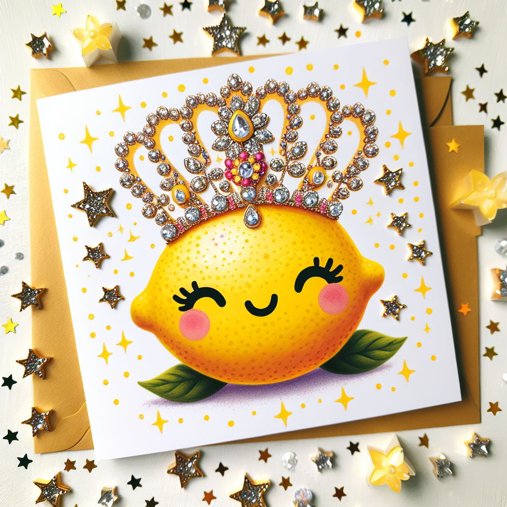 Create a delightful birthday-themed illustration. The main character is a vibrant yellow smiling lemon proudly wearing a petite, gleaming tiara that is filled with elaborate jewellery details. Surrounding the charming lemon is a cascade of glitter that resembles a shower of shimmering stars, ensuring the card radiates a sense of enchantment and joyous celebration.
Generated with these themes: Lemon, Glitter, and Jewellery.
Made with ❤️ by AI.