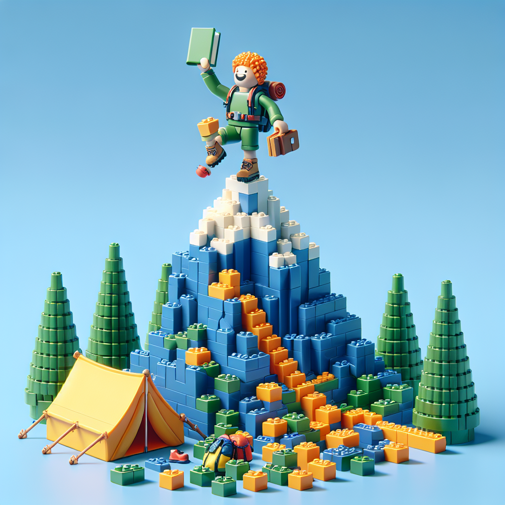 Illustrate an uplifting scene involving a character demonstrating a significant achievement. The character should be dressed in hiking gear and positioned triumphantly atop a mountain composed of interlocked plastic building blocks, symbolizing the pinnacle of success. In one hand, the character is holding a book, reflecting a love for reading. Situated at the base of the mountain is a camping tent nestled amongst an arrangement of plastic building block trees, showcasing a passion for camping and building block constructions.
Generated with these themes: Hiking, camping, lego, reading.
Made with ❤️ by AI.