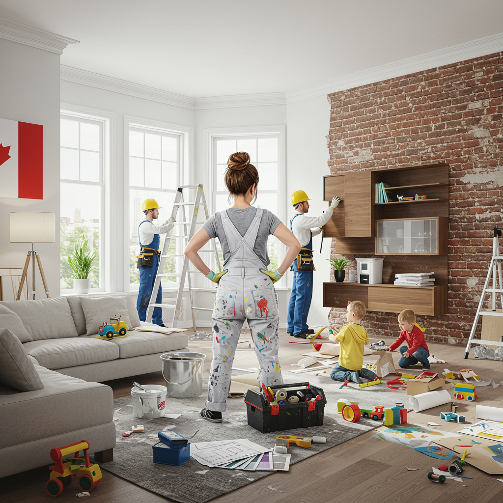 Front Cover Description:

The scene is set in the heart of a spacious, modern living room that doubles as a temporary construction site. The interior boasts a sleek white decor, with a backdrop of exposed brickwork peeking through partially torn walls, revealing the ongoing home renovation. To the left, a Canadian Cypriot flag hangs proudly on a wall, subtly indicating the heritage of the family residing here.

In the center, a stressed mum, captured in lifelike detail, is multitasking with finesse. She is wearing paint-splattered overalls in hues of white and light grey, embodying both her dedication to home improvement and the chaos of the day. Her hair is tied up in a practical bun, with a pencil stuck through it, ready for quick note-taking. Nearby, a toolbox overflows with brushes and color swatches, providing a glimpse of the design choices in progress.

To the right, a pair of children are depicted in mid-scuffle, their colorful clothes contrasting with the monochrome backdrop. One child wears a vibrant red T-shirt with a cartoonish dinosaur print, while the other sports a sunshine-yellow hoodie. They are surrounded by scattered toys and art supplies, indicating the playful, albeit tumultuous, atmosphere.

In the background, a couple of builders are hard at work, wearing white hard hats and blue jumpsuits, blending seamlessly with the whitewashed walls. They are diligently focused on installing a modern, floating bookshelf, an unfinished masterpiece of walnut wood and glass, waiting to become a statement piece in the redecorated space.

Every detail in the scene is brought to life with a hyper-realistic style, capturing the intricate textures of the exposed brick, the glossy finish of the freshly painted walls, and the subtle sheen of dust particles floating in the sunlight streaming through large bay windows. This birthday card cover presents a snapshot of life in its beautifully chaotic state, a testament to the balancing act of family, renovation, and celebration.
Generated with these themes: Birthday, stressed mum, home renovation, builders,  Canadian cypriot, white decor,  interior design, fighting kids.
Made with ❤️ by AI.