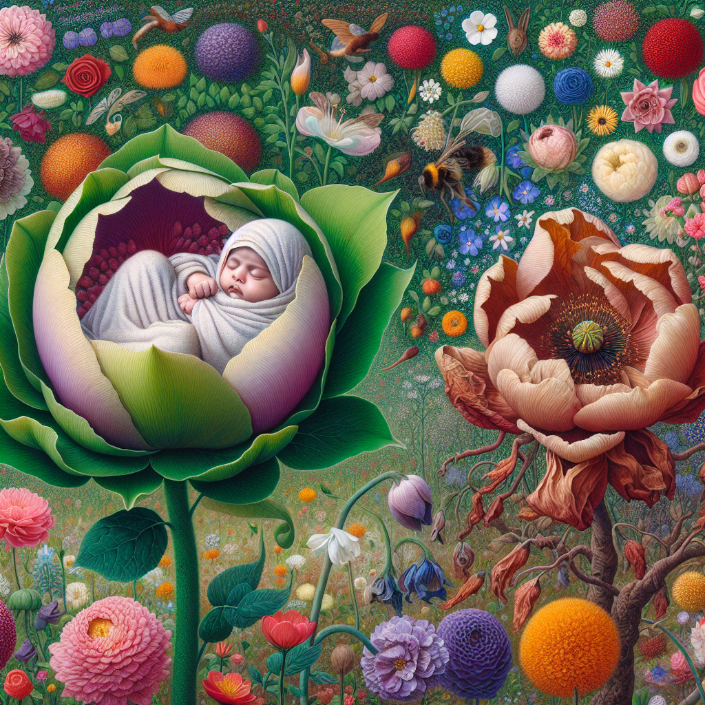 Create an image of a whimsical and vibrant garden, overflowing with a variety of blooming flowers, representing the cycle of life. In the center of this garden, a chubby-cheeked baby of Middle-Eastern descent, clothed in swaddling clothes, sleeps peacefully within the protective petals of a large, open blossom, symbolising new beginnings. In close proximity, a once-vibrant flower, now faded and wilting gracefully, releases its seeds into the wind, representative of the eventual end that comes with all life and symbolizing themes of grief and bereavement. It is a poignant reminder that with every ending, there is a potential for a new start.
Generated with these themes: Grief, and Bereavement.
Made with ❤️ by AI.