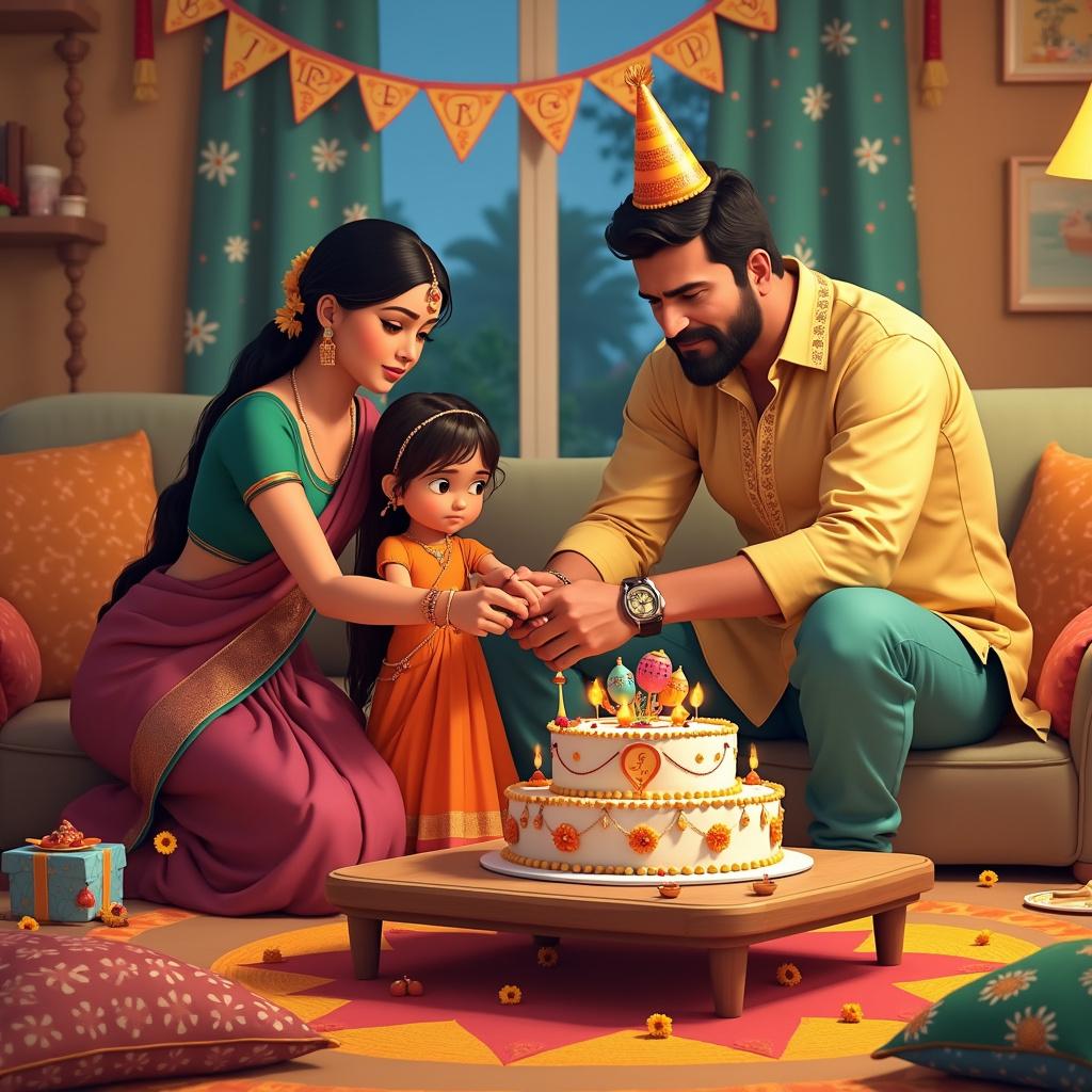 In a warm and cozy Indian living room, beautifully decorated for both Rakshabandhan and a birthday, a vibrant scene unfolds. An Indian girl, dressed in a colorful lehenga adorned with festive embroidery, ties a rakhi on her brother's wrist. She wears a playful smile that reveals the mischievous glint in her eyes. Her brother, clad in a traditional kurta-pajama and donning a birthday hat, pretends to be exasperated, yet is visibly touched by the moment. Adding to the humor, he struggles with an oversized foam wristwatch, making the rakhi-tying experience comically challenging.

The girl's parents are also present, elegantly dressed in Indian attire. The father holds a comically large, wrapped gift that seems to move slightly, while the mother carefully adjusts a massive, intricately designed cake that celebrates both Rakshabandhan and the birthday, complete with family figurines on top. Nearby, the grandparents contribute to the festive atmosphere: the grandfather sneakily hides a gift behind his back, revealing a traditional Indian instrument that the girl has longed for, while the grandmother holds a platter filled with sweets shaped like little rakhis and birthday balloons.

The decor carries the celebratory spirit, highlighted by a handmade banner that reads "Happy Raksha-Birthday!" surrounded by charming illustrations of rakhis and birthday cakes. The floor showcases a bright rangoli pattern that elegantly combines traditional elements with birthday motifs like gifts and party hats. In the center of the room, a low table is laden with Indian sweets and snacks, adorned with marigold flowers and lit diyas, with floor cushions providing comfortable seating.

Comic elements add to the joy, as a small, cheerful puppy wearing a rakhi and a miniature party hat seems ready to leap from the oversized gift. Meanwhile, a mischievous family cat, perched comfortably on the sofa, has a piece of birthday ribbon tied to its tail and cheekily eyes the sweets on the table. 

This delightful celebration captures the essence of family, love, and playful mischief, blending the traditions of Rakshabandhan with the joy of a birthday.

Generated with these themes: Indian girl celebrating Rakshabandhan with her brother and family, Happy Rakshabandhan.  
Made with ❤️ by AI.