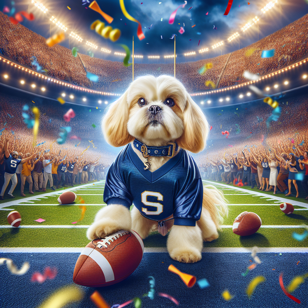 Illustrate an enchanting birthday-themed visual that presents a cream-colored Malshi dog, attired in a navy blue jersey adorned with a conspicuous 'S' emblem on the front, actively engaged in a game of American football. The backdrop brims with an invigorating buzz, encapsulating the thrill of a great festivity within a coliseum overflowing with cheering spectators of mixed genders and descents. Vibrant confetti showers from the sky, contributing to the celebratory ambiance.
Generated with these themes: Cream malshi playing american football, big celebration stadioum football, Navy Jersey, big s.
Made with ❤️ by AI.