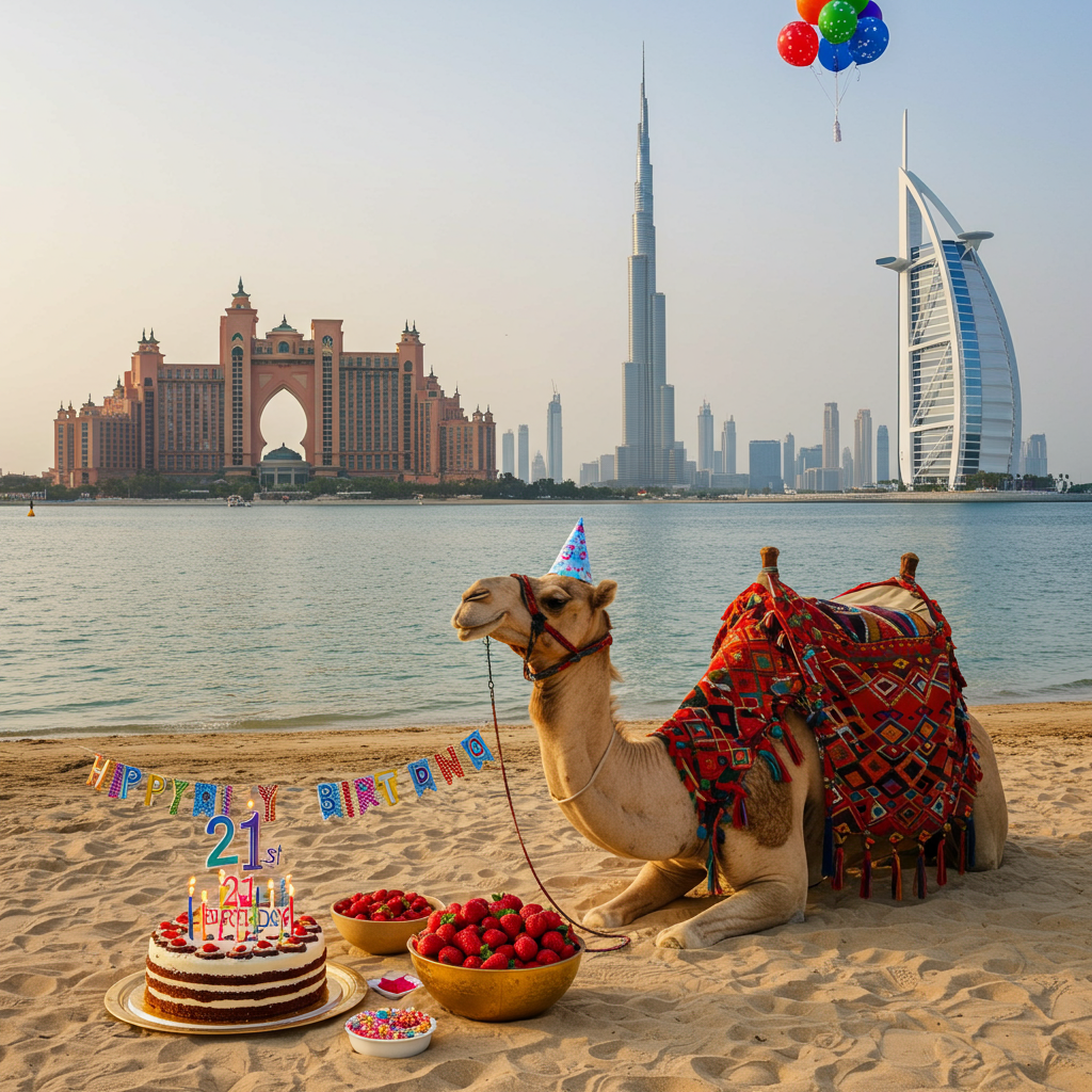 At the bottom of the Photorealistic picture taken from a camera image, **Happy 21st Birthday in Dubai Maisie**.

---

Imagine a breathtaking scene with the iconic Atlantis Hotel nestled on the Palm, the mighty Burj Khalifa piercing the sky, and the sail-like silhouette of Burj Al Arab gracing the horizon. In the foreground, a majestic camel stands calmly, its sandy tones perfectly blending with the sunlit landscape. 

Nearby, a traditional birthday cake stands elegantly on a golden platter, adorned with candles that flicker like little stars in the warm Dubai breeze. Beside the cake, a bowl brimming with ripe, juicy strawberries adds a splash of vibrant red. 

Decorative "21st" banners gently sway in the breeze, complemented by clusters of colorful balloons floating playfully above, creating a festive atmosphere that speaks volumes of celebration. 

The scene is captured in stunning ultra-high-definition 4K, with precise lighting that enhances every detail and texture, from the grandeur of the architecture to the intricate patterns on the camel's saddle. The rich depth of field brings a lifelike quality, making you feel as though you're truly standing there, soaking in the splendor of Dubai on this special day.
Generated with these themes: Dubai, atlantic hotel, , The palm, burj khalifa , Burj al arab, camel,, Traditional birthday cake, bowl of strawberries, 21st banners and balloons , and .
Made with ❤️ by AI.