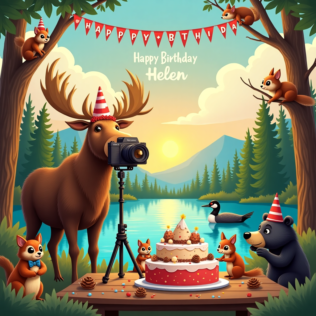In this whimsical birthday scene, imagine a picturesque Canadian wilderness teeming with life, celebrating Helen's special day. At the heart of the illustration, a curious moose, with antlers adorned with tiny party hats and a garland of maple leaves, peers into the lens of a vintage camera perched on a tripod, as if taking a selfie to commemorate the occasion. Around the moose, an ensemble of animated wildlife gathers: a beaver sporting a bowtie, a family of raccoons playfully arranging pinecones, and a majestic loon gracefully swimming in a nearby shimmering lake, reflecting the vibrant hues of a sunset sky. In the sky, fluffy clouds spell out "Happy Birthday Helen" in wispy, playful letters. A group of jubilant squirrels are seen in the branches of a towering fir tree, hanging a banner strung with red and white ribbons that echoes the Canadian flag, while a cheeky black bear cub snaps photos of the festivities with an old-school Polaroid camera. In the foreground, a charmingly rustic wooden table is set with a cake shaped like a mountain, topped with miniature edible wildlife figurines, all ready for Helen to indulge. The entire scene bursts with color and detail, creating a delightful homage to Canada's rich wildlife, Helen's love of photography, and the joyous spirit of a birthday celebration.
Generated with these themes: Canada, Wildlife, and Photography.
Made with ❤️ by AI.